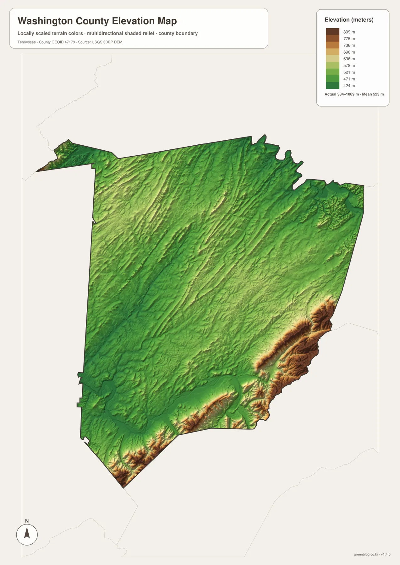 Washington County Tennessee elevation map showing lower central ridges and southeastern mountains from about 384 to 1069 meters