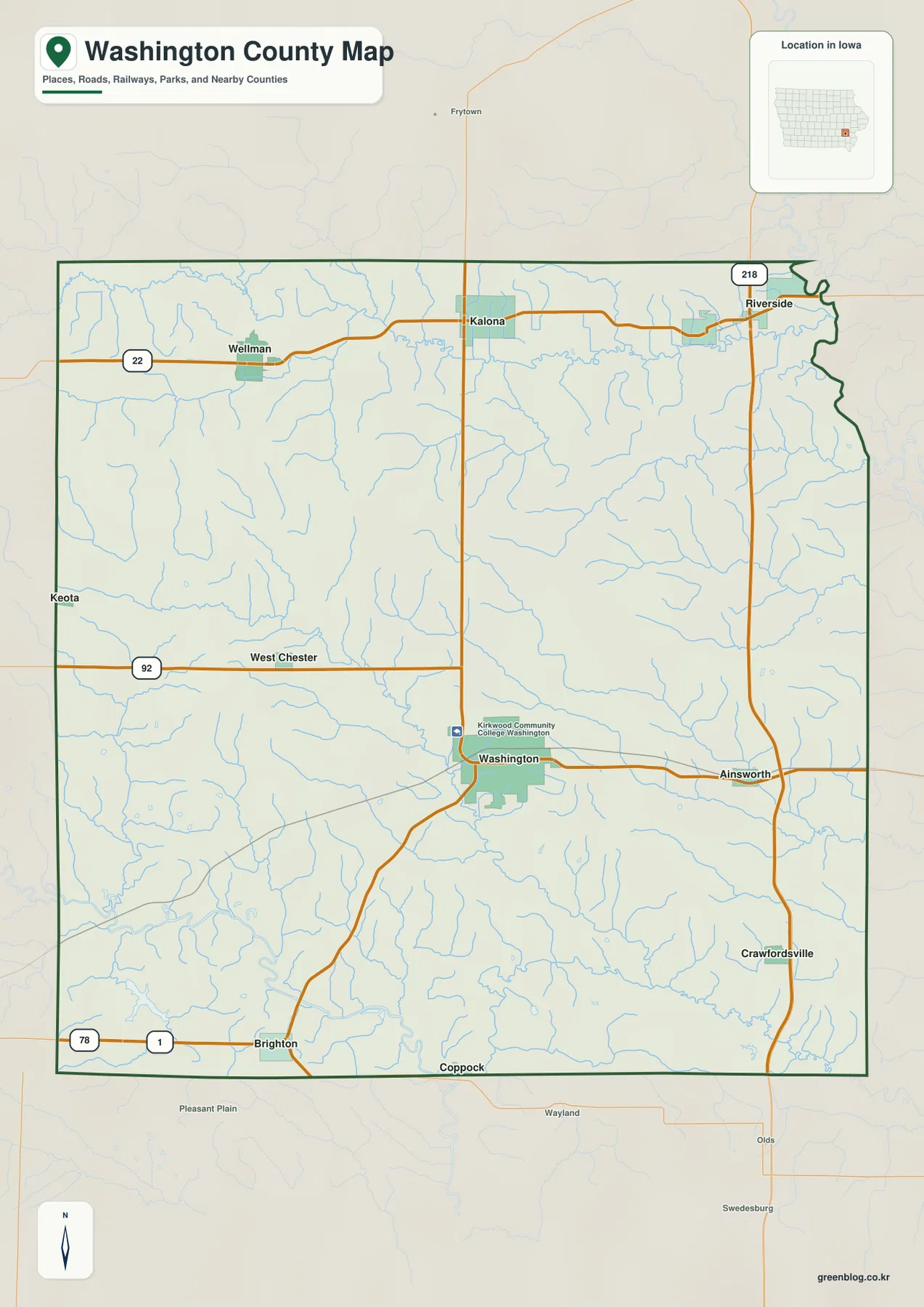 Washington County Iowa map showing Washington, Kalona, Wellman, Riverside, highways, roads, and the county boundary