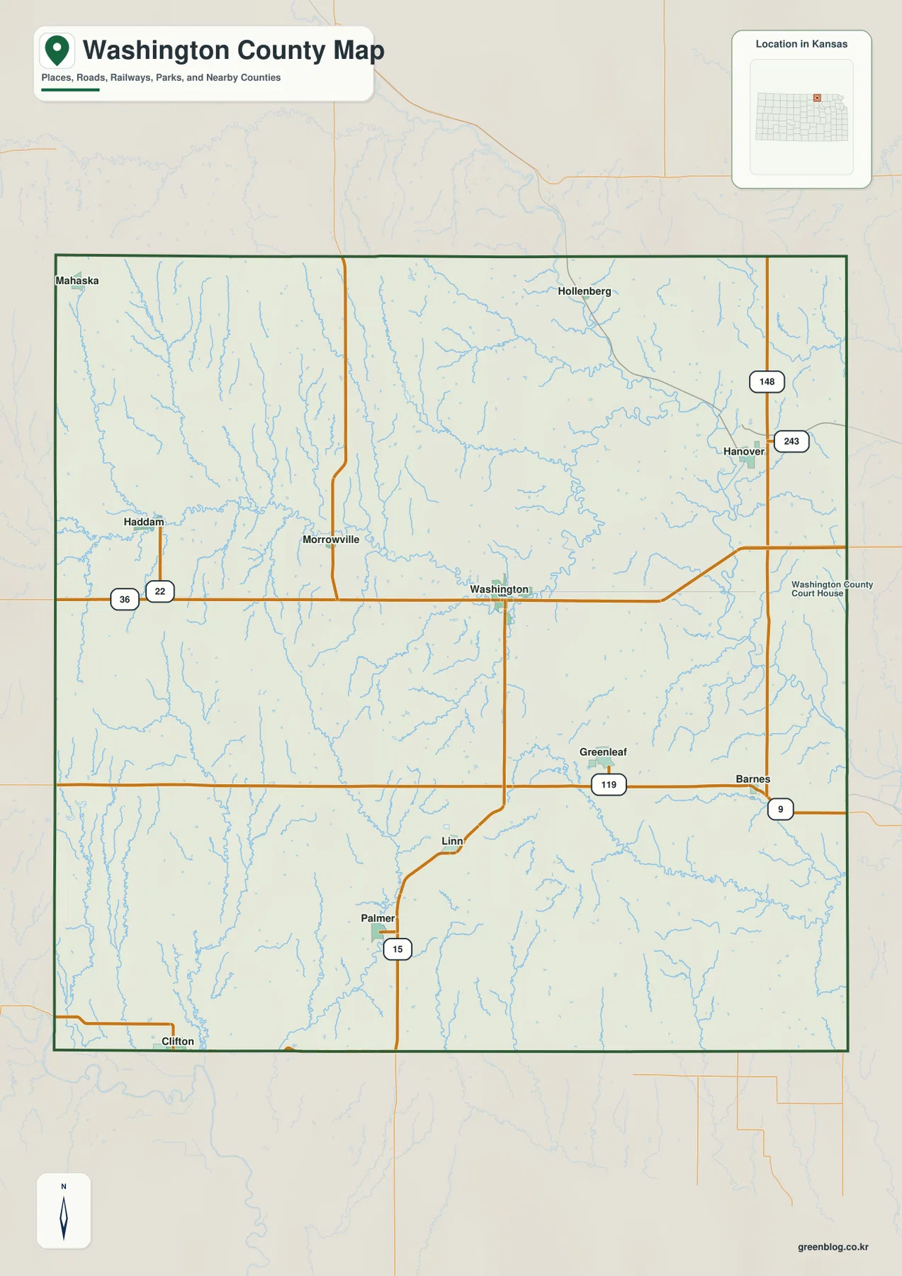Washington County Kansas map showing Washington, Hanover, Linn, Greenleaf, US 36, K-15 and other highways