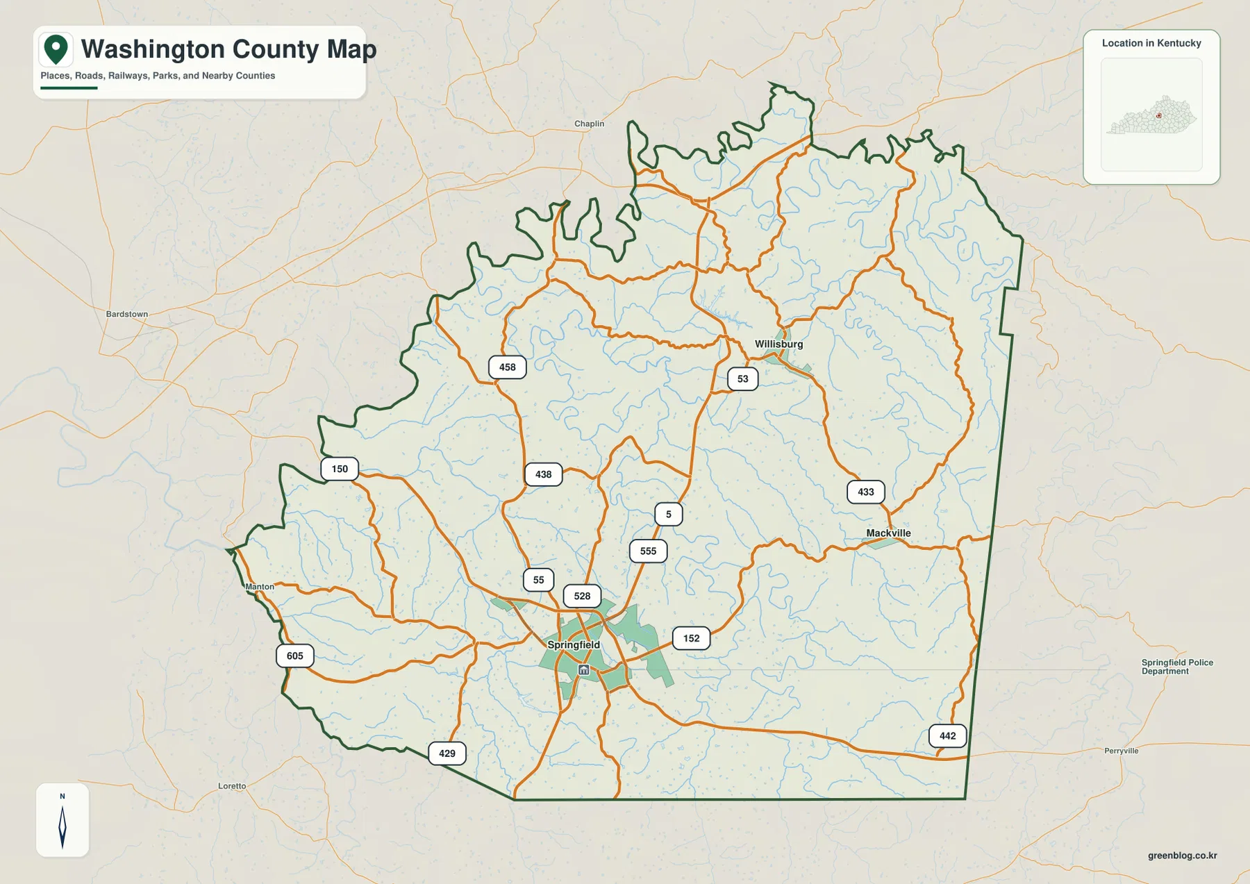 Washington County Kentucky road map showing Springfield, Willisburg, Mackville, Manton, KY 55, KY 53, KY 152, KY 150, KY 438, KY 458, KY 433, and other roads