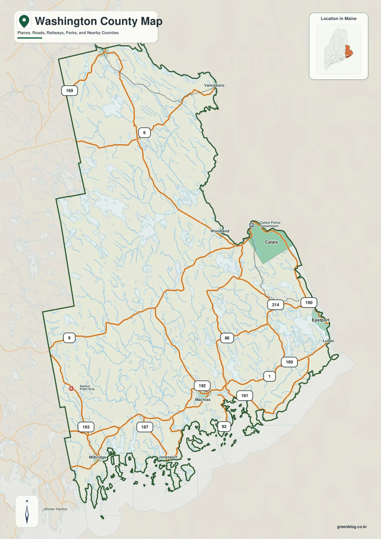 Washington County Maine map showing Machias, Calais, Eastport, Lubec, U.S. 1, Route 9, Route 6 and other major roads