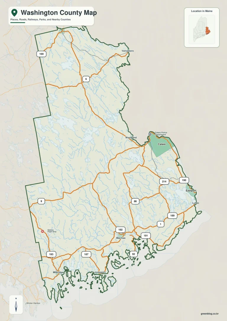 메인주 워싱턴 카운티 지도(Washington County) – Machias·Calais에서 Cobscook Bay와 동부 해안까지