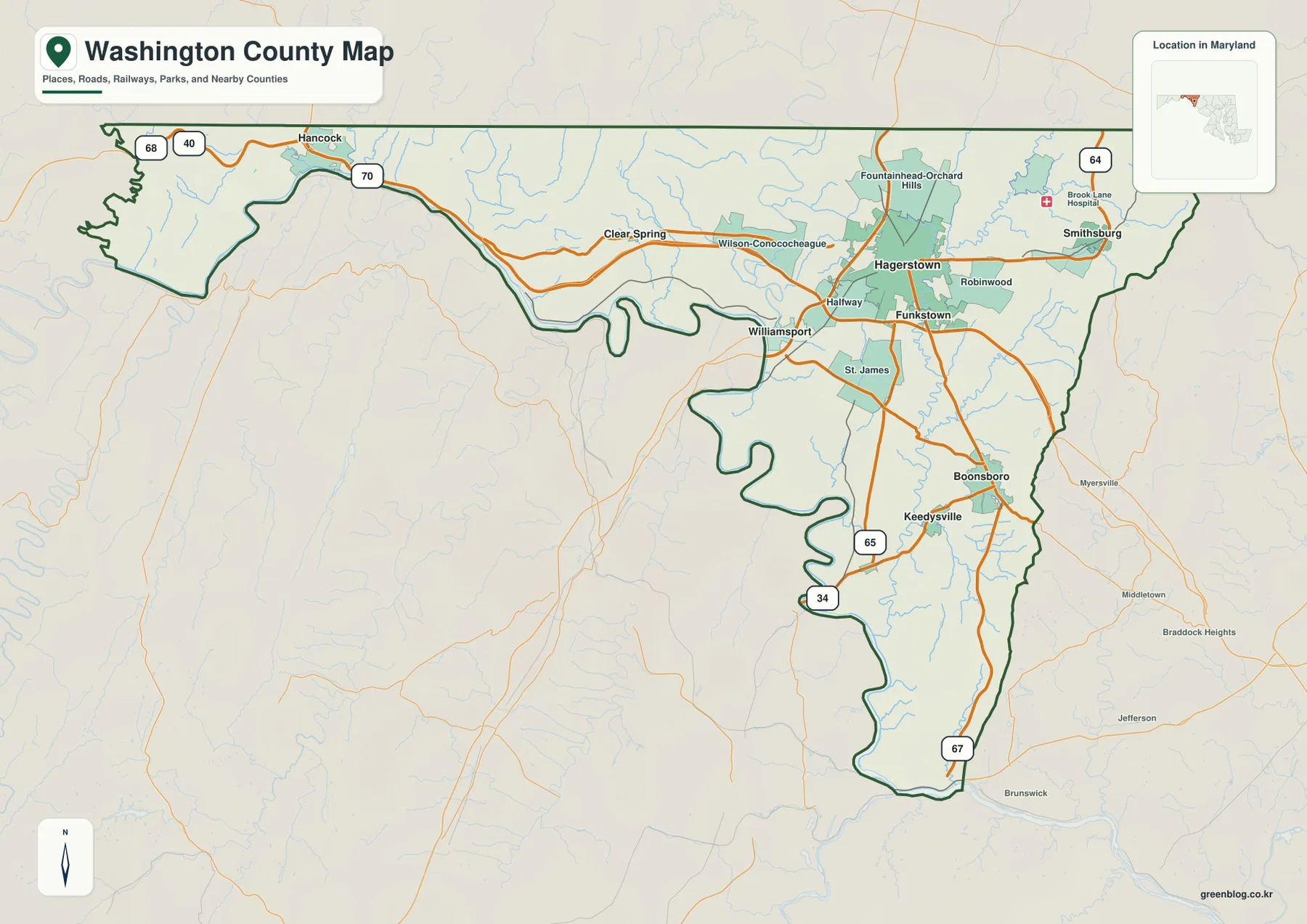 Washington County Maryland map showing Hagerstown, Hancock, Clear Spring, Williamsport, Smithsburg, Boonsboro, Keedysville and major roads