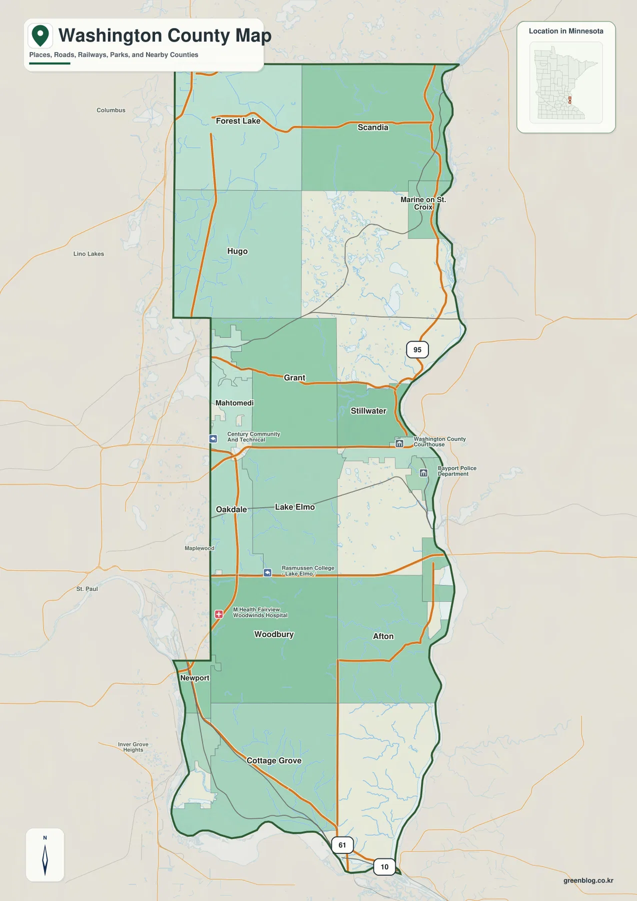 Washington County Minnesota map showing Woodbury, Stillwater, Forest Lake, Cottage Grove, major roads, and the St. Croix River edge