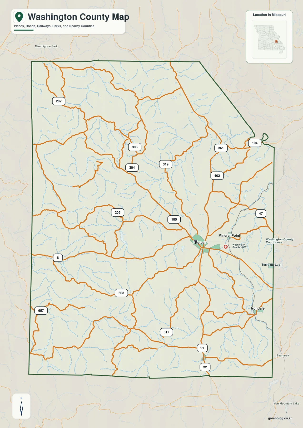 Potosi, Mineral Point, Irondale과 Route 8, 21, 47, 185, 319를 표시한 미주리주 Washington County 지도