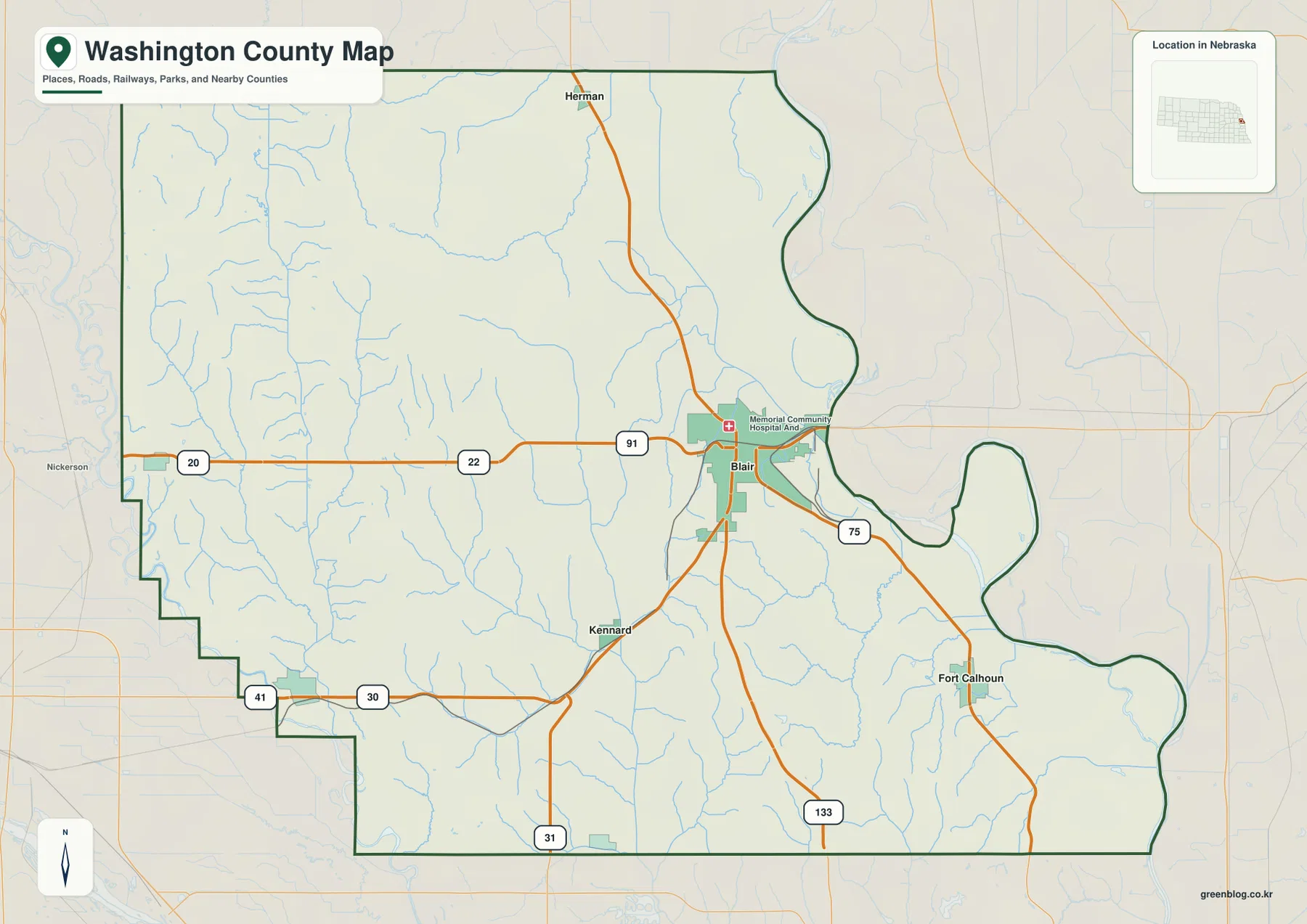 Blair, Fort Calhoun, Arlington, Kennard, Herman과 주요 도로를 표시한 Washington County Nebraska 지도