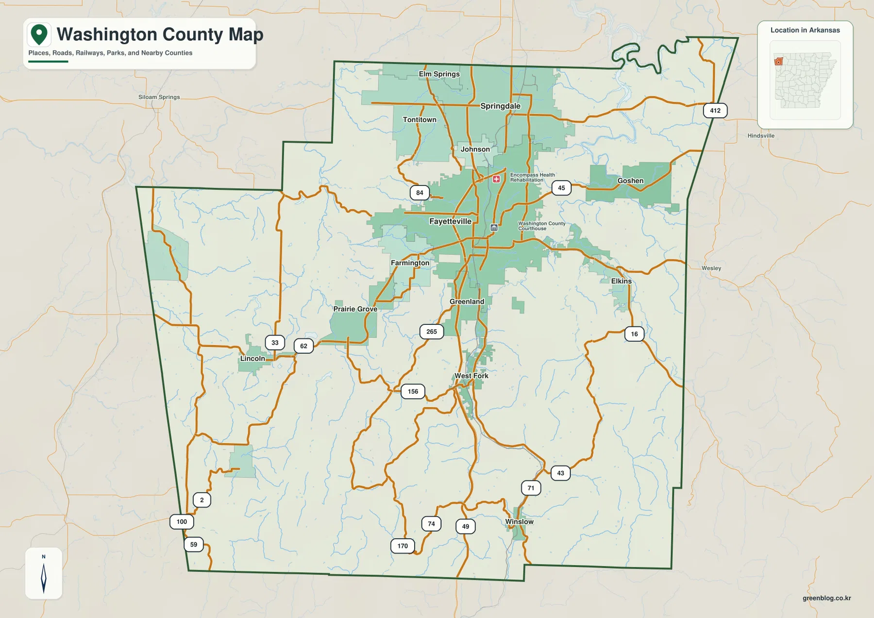 아칸소주 워싱턴 카운티 지도에 Fayetteville, Springdale, Farmington, Prairie Grove, Elkins, West Fork와 주요 도로가 표시된 모습