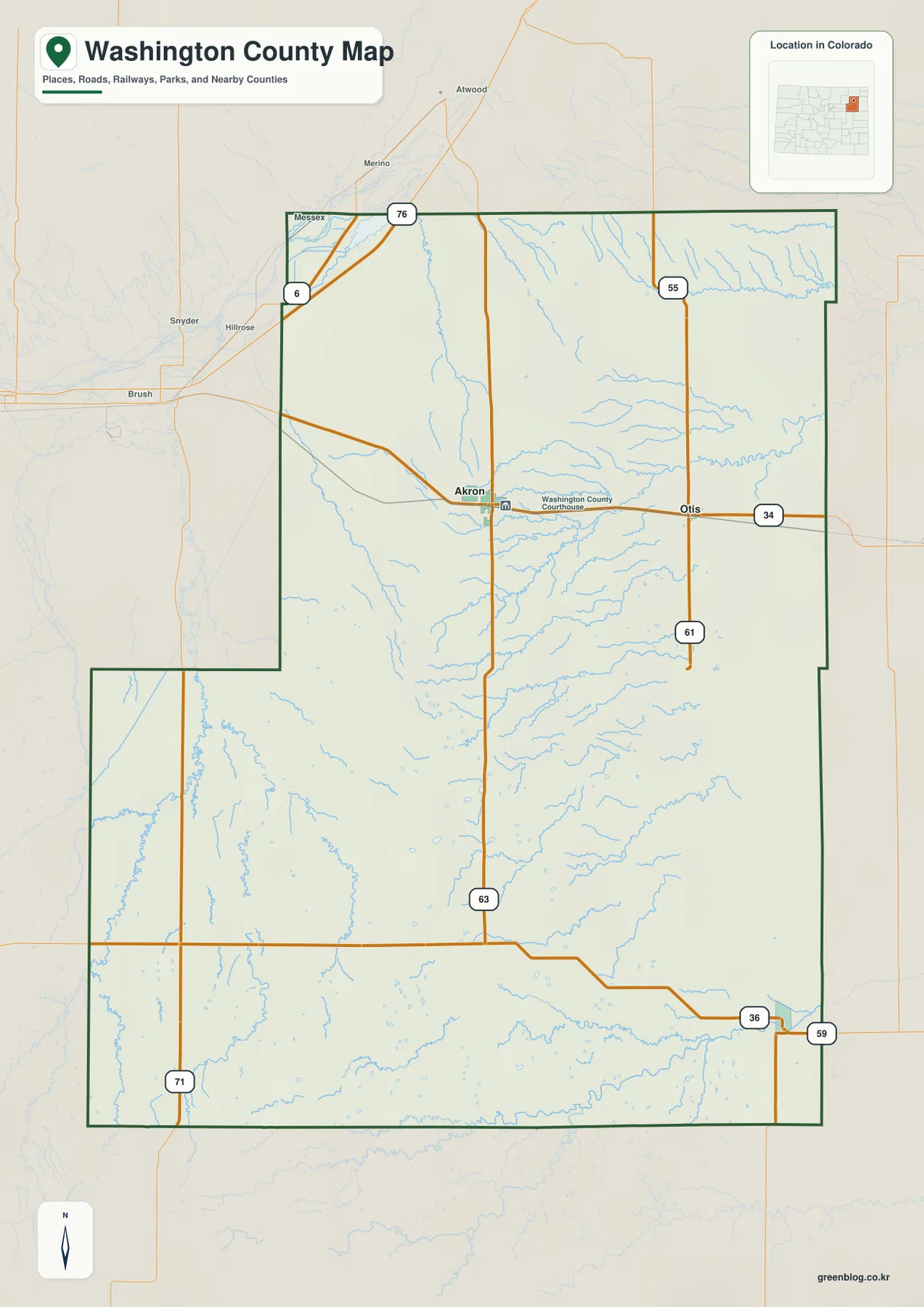 Washington County Colorado의 Akron, Otis, U.S. 34와 주요 도로 및 카운티 경계를 보여 주는 지도