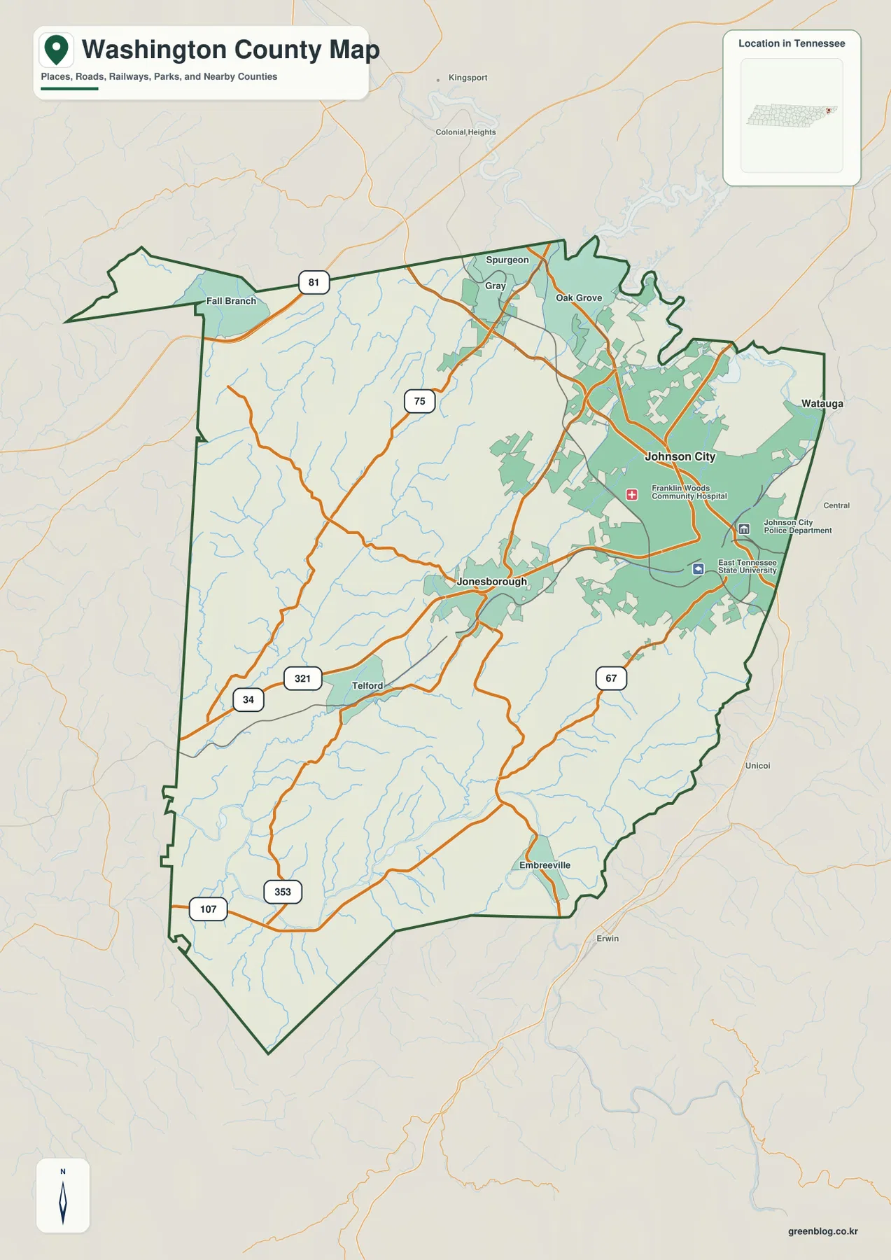 Washington County Tennessee map showing Johnson City, Jonesborough, Gray, Telford, Embreeville, and major roads
