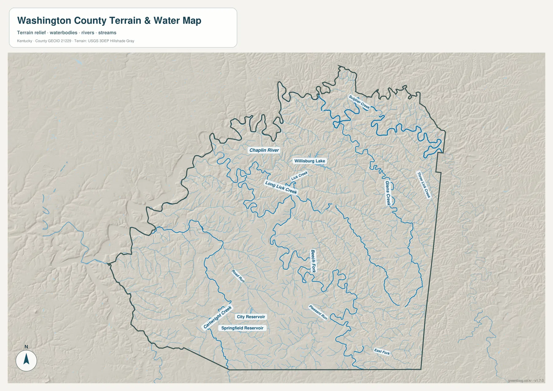 Washington County terrain and water map showing Chaplin River, Beech Fork, Long Lick Creek, Lick Creek, Glenns Creek, Cartwright Creek, Willisburg Lake, City Reservoir, and Springfield Reservoir