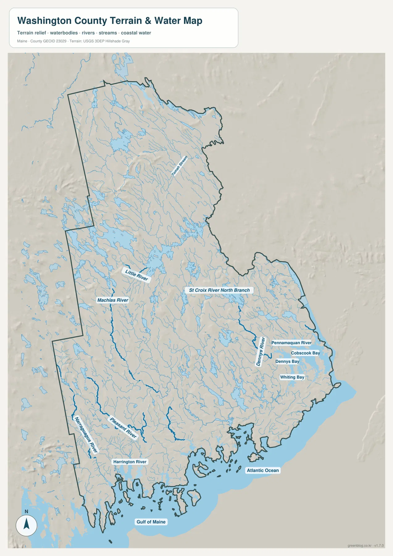 Washington County Maine terrain and water map showing the Machias River, Dennys River, Pennamaquan River, Narraguagus River, Cobscook Bay, Dennys Bay and Whiting Bay