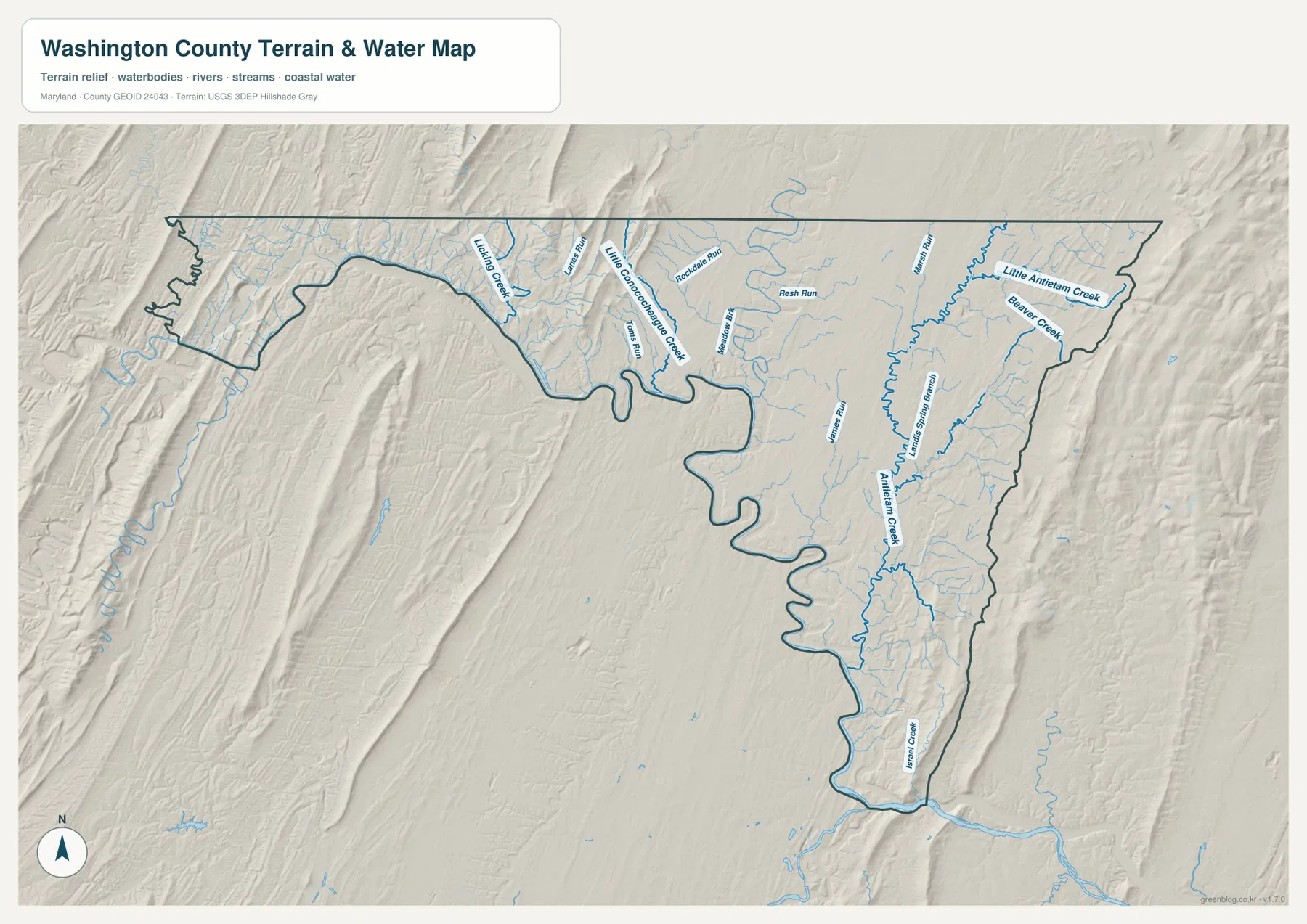 Washington County Maryland terrain and water map showing Antietam Creek, Little Antietam Creek, Beaver Creek, Little Conococheague Creek, Licking Creek, Toms Run and smaller tributaries