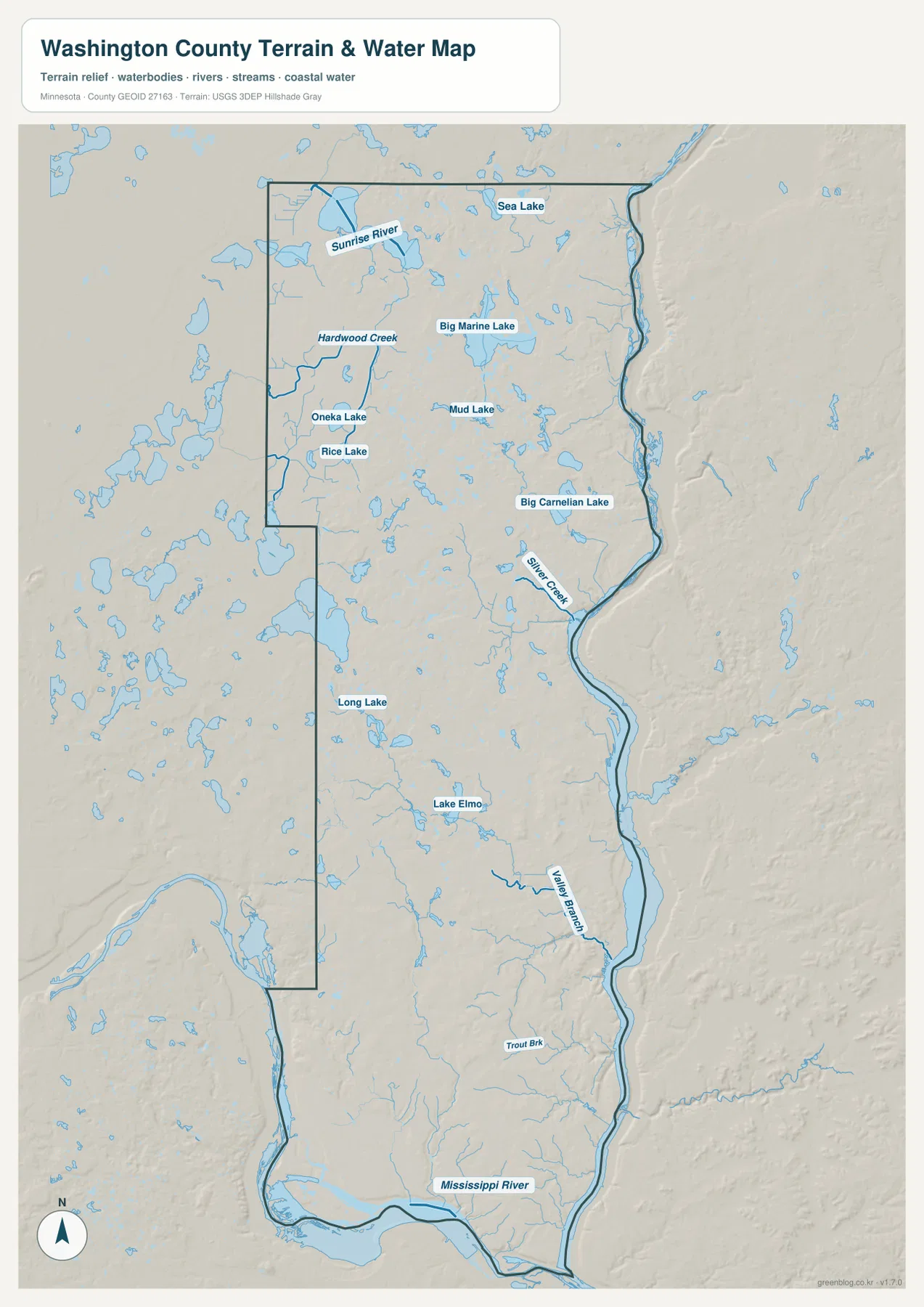 Washington County water map showing St. Croix River, Mississippi River, Big Marine Lake, Big Carnelian Lake, Lake Elmo, and named streams