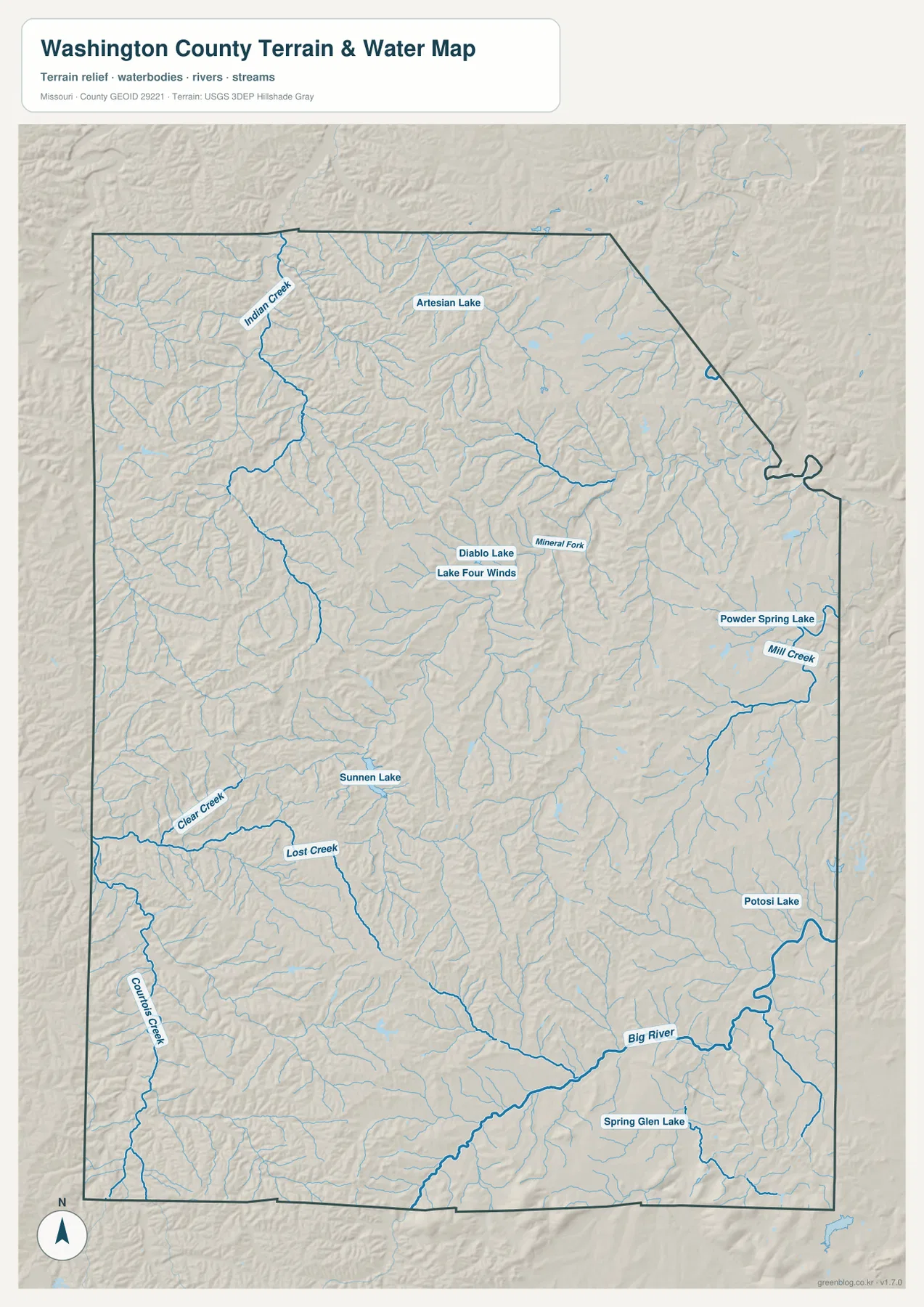 Big River, Indian Creek, Clear Creek, Lost Creek, Courtois Creek, Mineral Fork, Mill Creek와 주요 호수를 표시한 Washington County 지형 수역 지도