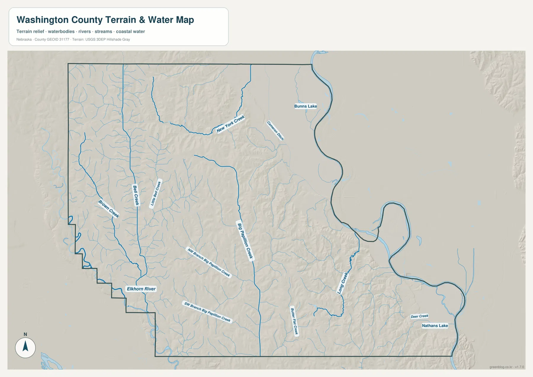 Missouri River, Elkhorn River, Big Papillion Creek, New York Creek, Bell Creek를 표시한 Washington County 물길 지도