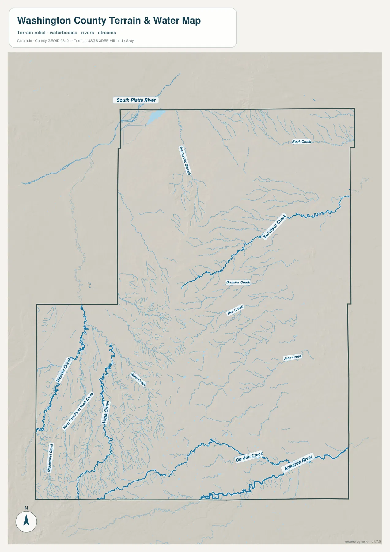 Washington County의 Surveyor Creek, Rock Creek, Beaver Creek, Gordon Creek, Arikaree River와 주변 평원 지형을 보여 주는 수역 지도