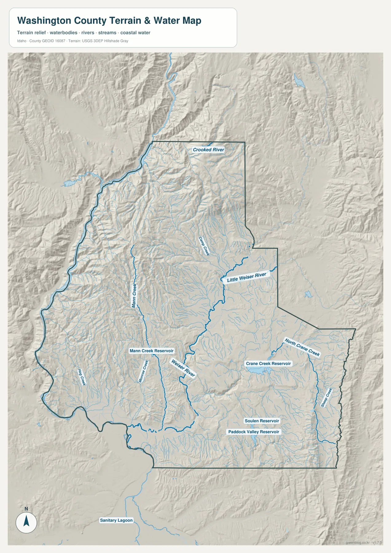 Weiser River, Little Weiser River, Crooked River, Crane Creek, Mann Creek와 여러 저수지를 보여 주는 워싱턴 카운티 수역 지형 지도