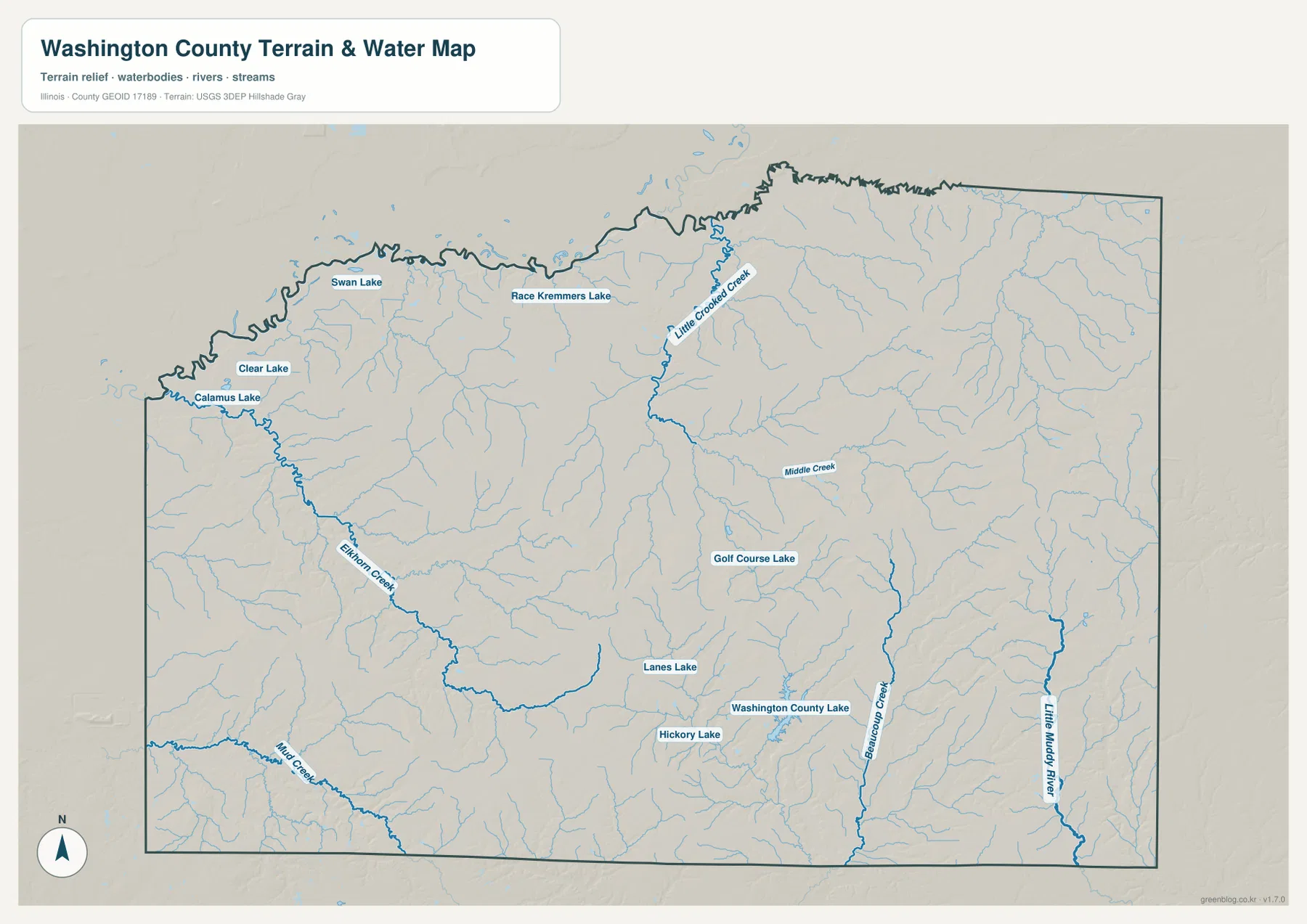 Washington County Illinois terrain and water map with Elkhorn Creek, Beaucoup Creek, Little Muddy River, and named lakes