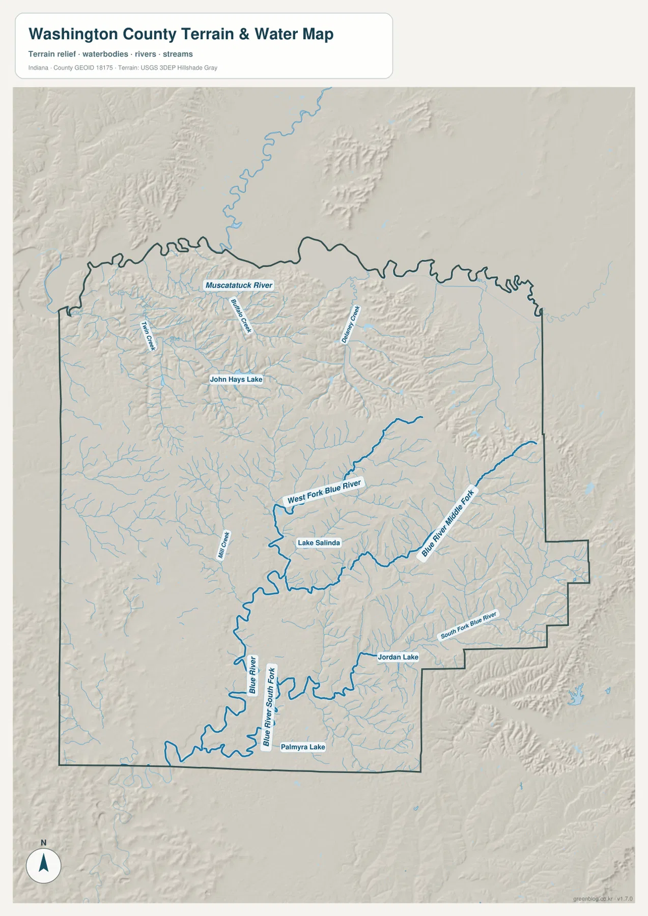 Washington County water map showing Muscatatuck River, Blue River and its forks, Twin Creek, Buffalo Creek, Delaney Creek, Lake Salinda, Jordan Lake, and Palmyra Lake