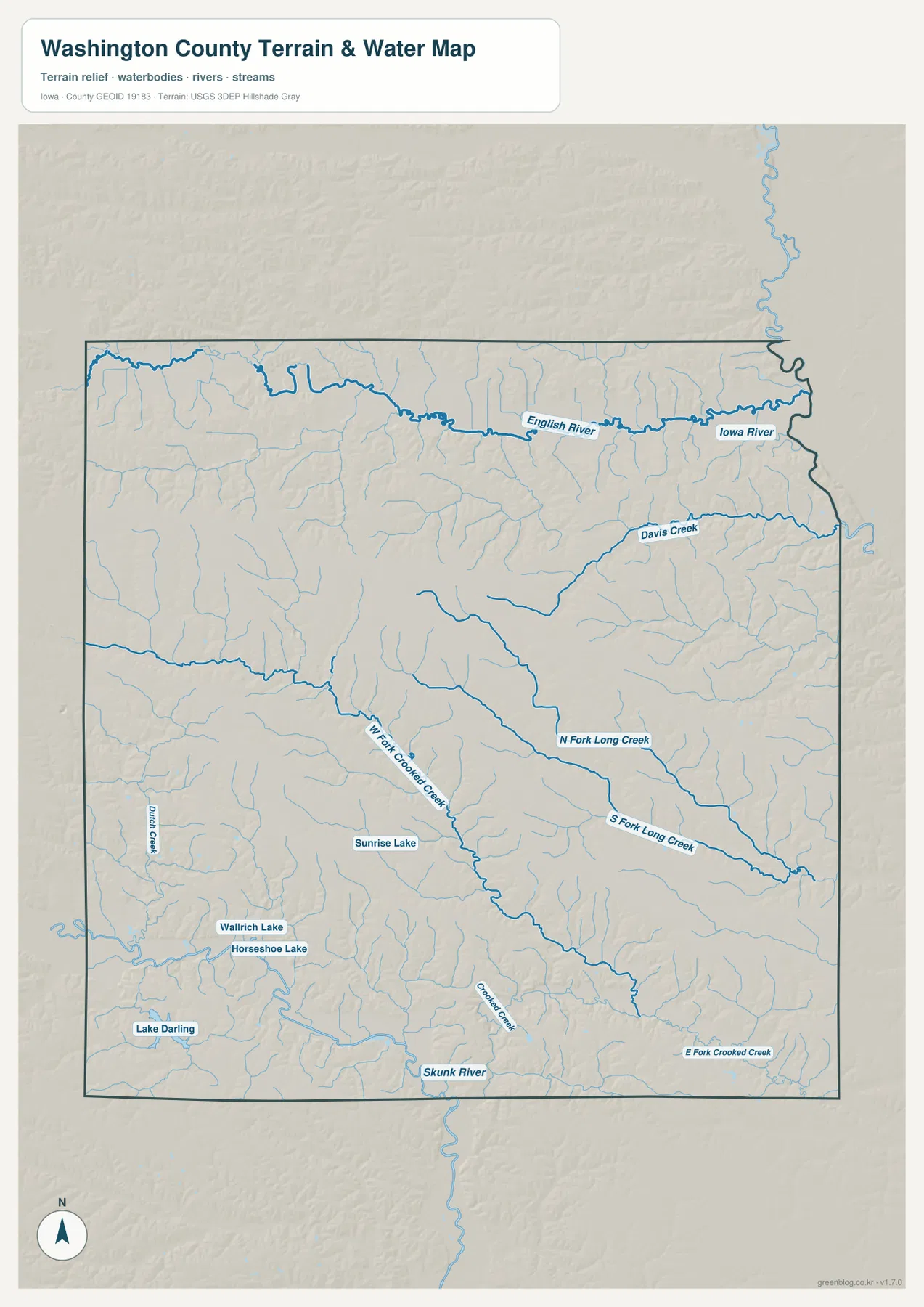 Washington County Iowa water and terrain map showing the English River, Iowa River, Skunk River, Long Creek branches, and Lake Darling