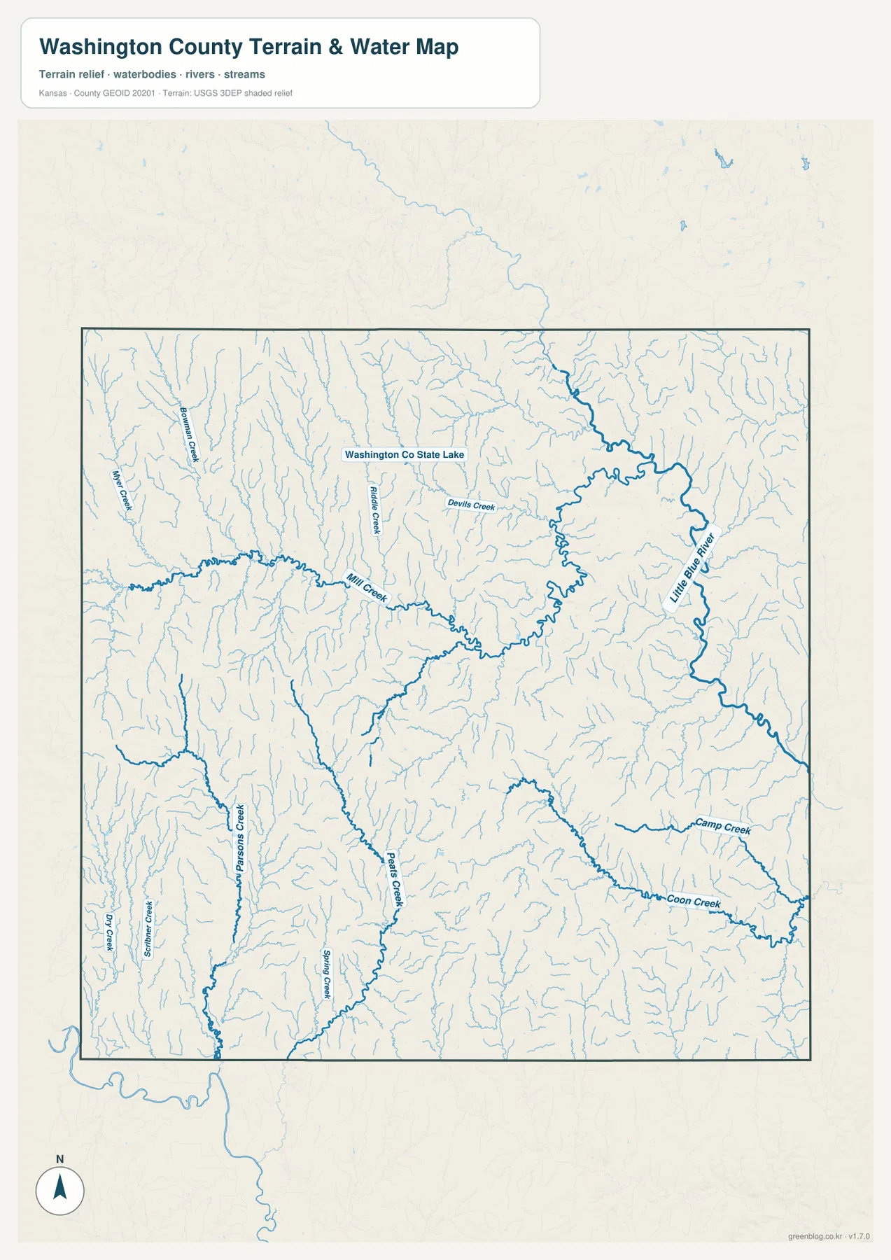 Washington County Kansas terrain and water map showing Little Blue River, Mill Creek, Coon Creek, Pete's Creek and Beaver Creek