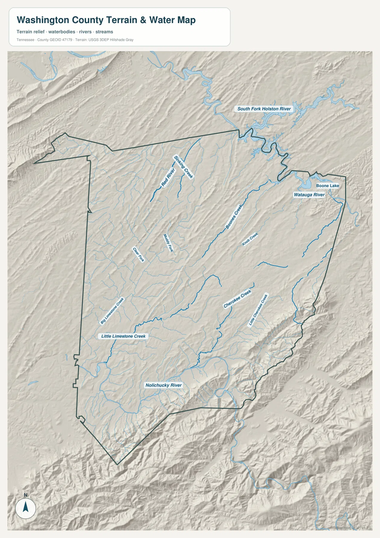 Washington County water map showing South Fork Holston River, Watauga River, Boone Lake, Nolichucky River, and named creeks