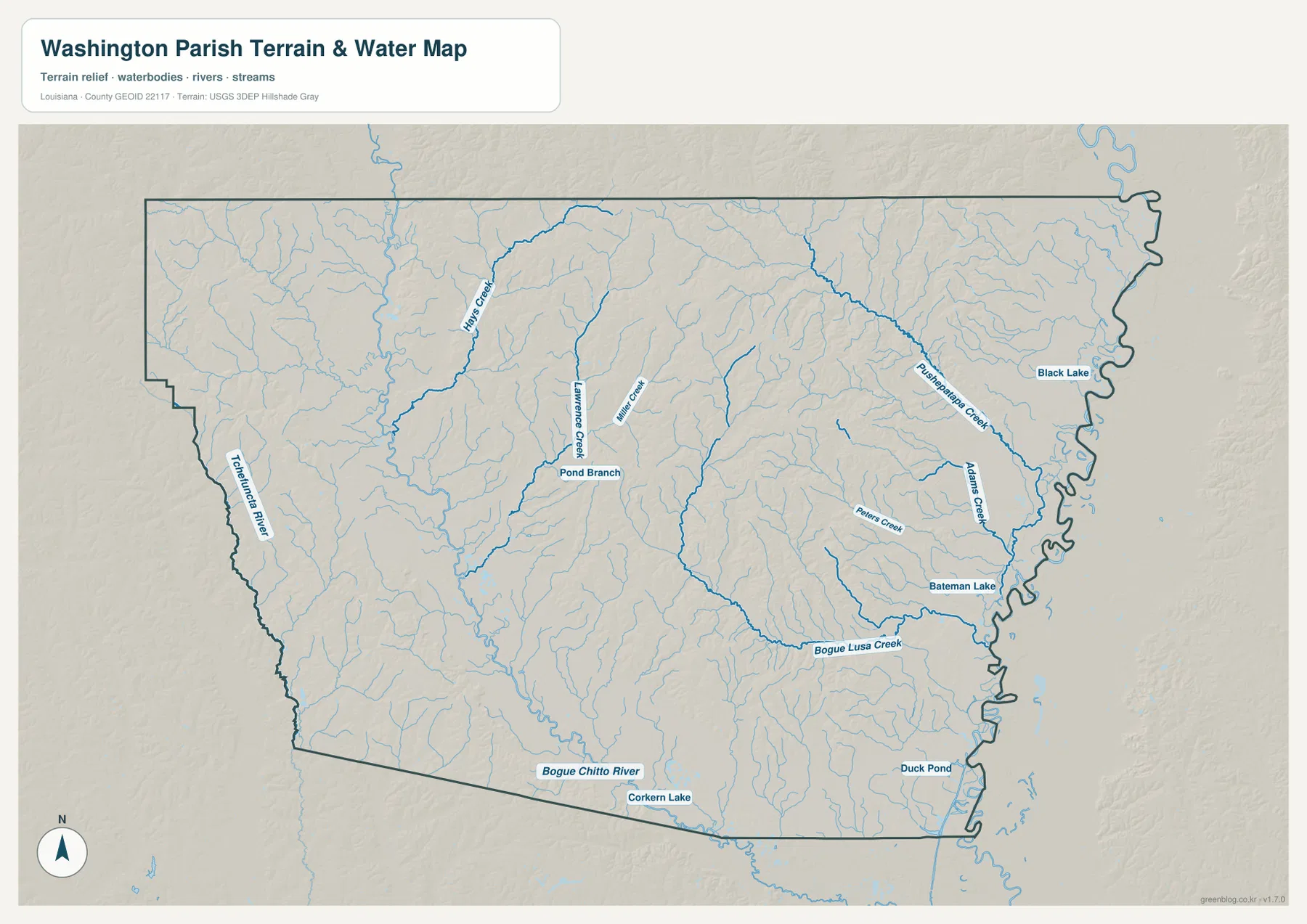 Washington Parish water map showing Bogue Chitto River, Tchefuncte River, Pushepatapa Creek, Hays Creek, Lawrence Creek, Bogue Lusa Creek, Black Lake, and Bateman Lake