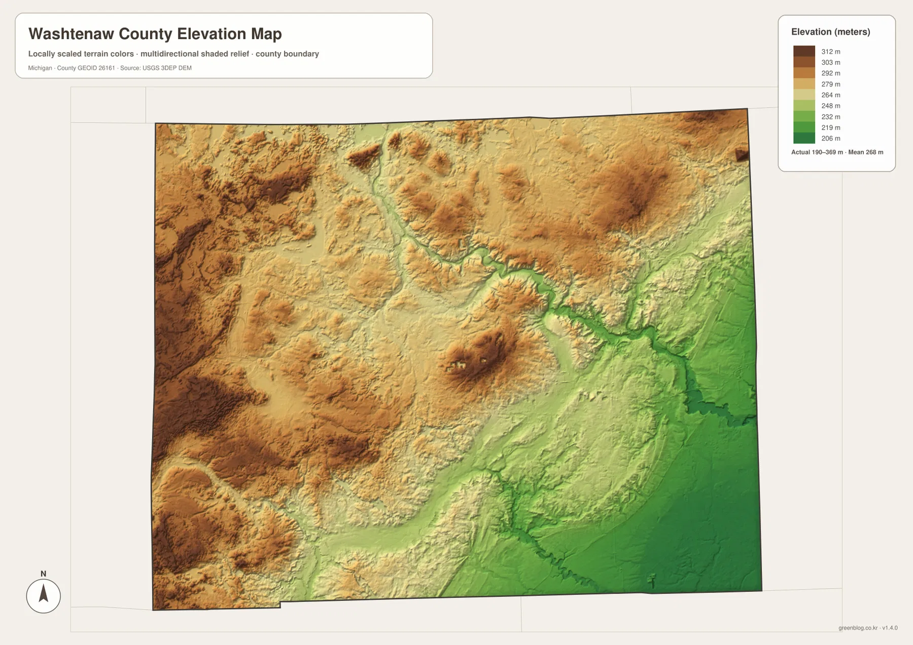 Washtenaw County elevation map showing the 190–369 meter range, western and northern uplands, and lower Huron River corridor