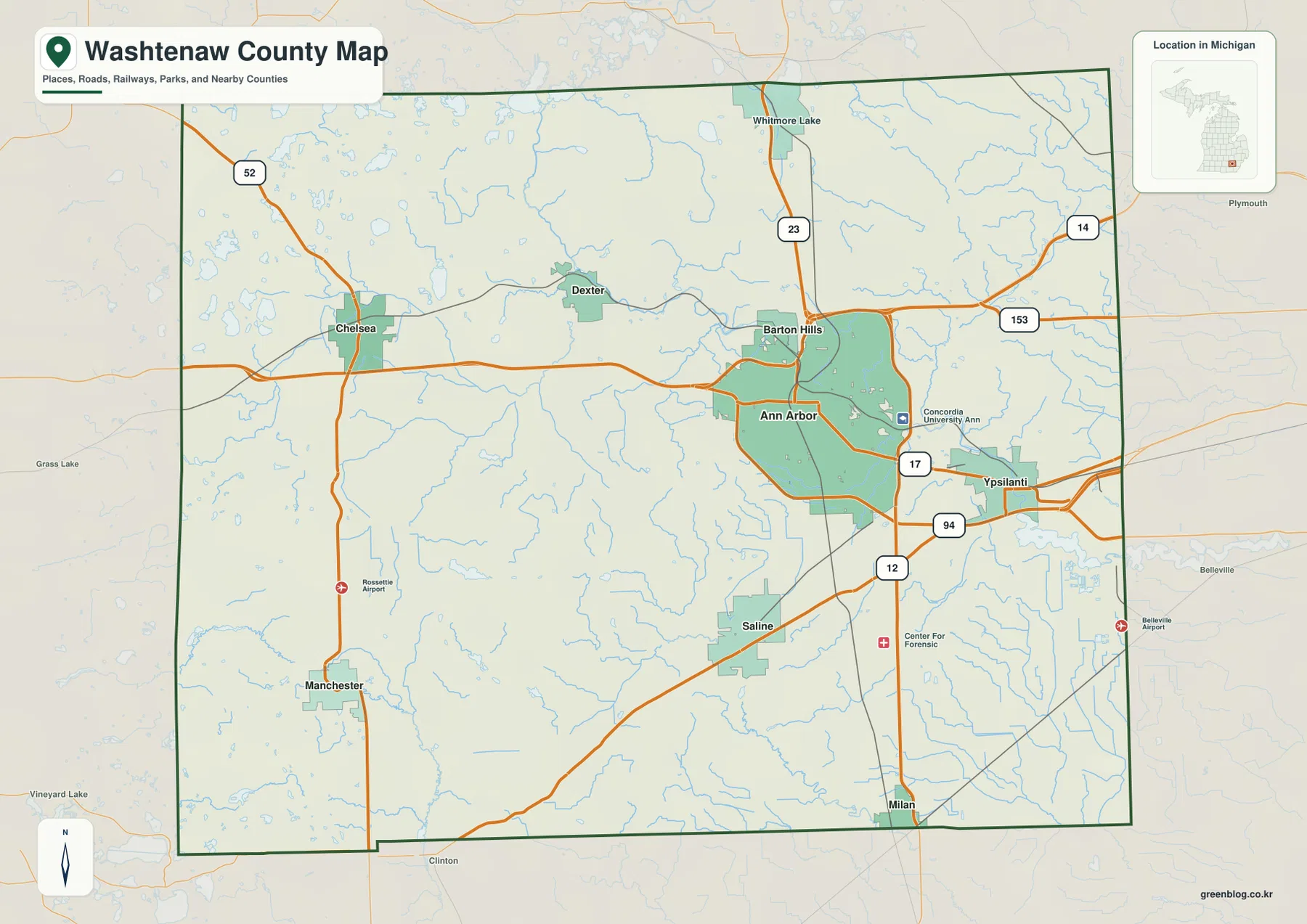 Washtenaw County map showing Ann Arbor, Ypsilanti, Dexter, Chelsea, Saline, Milan, I-94, US-23, and M-14