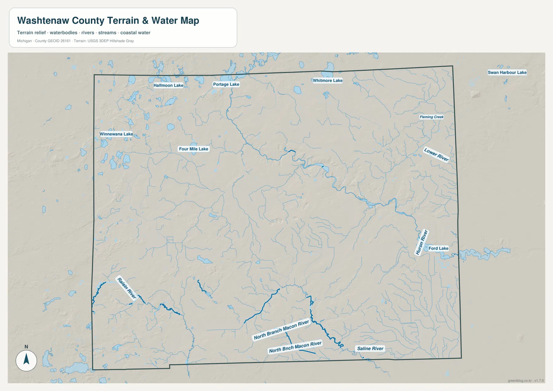 Washtenaw County water map showing the Huron River, Ford Lake, Portage Lake, Whitmore Lake, Saline River, and other waterways