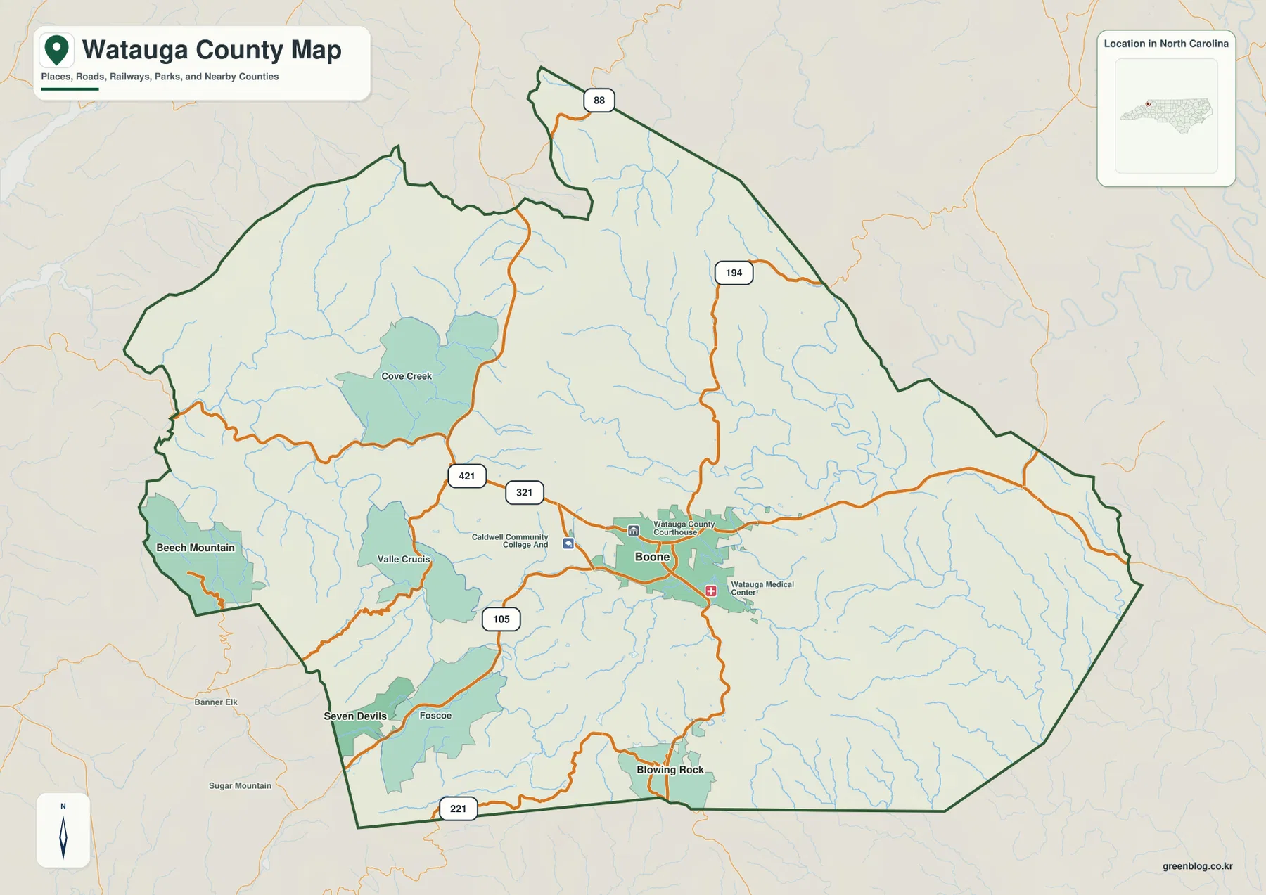 Watauga County North Carolina map showing Boone Valle Crucis Blowing Rock and mountain roads