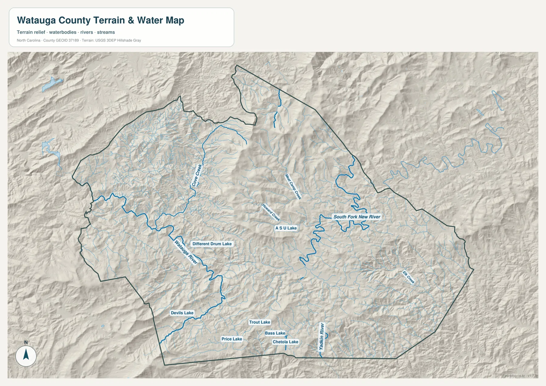 Watauga County terrain and water map showing South Fork New River Watauga River Cove Creek and mountain lakes