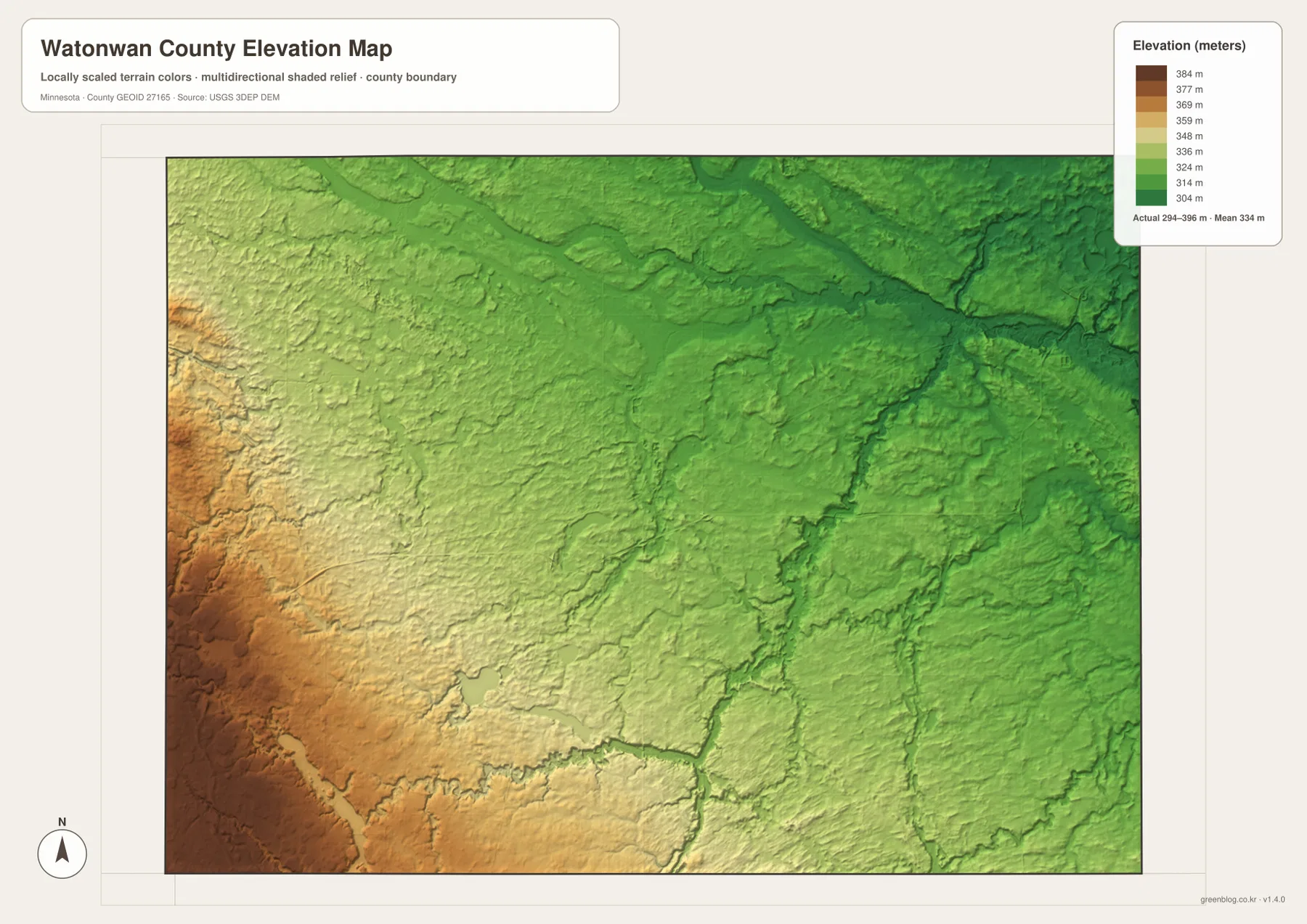 Watonwan County elevation map showing 294 to 396 meters, western high ground, and lower eastern Watonwan River valleys