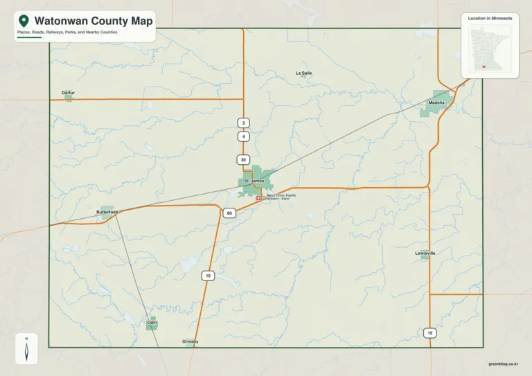 Watonwan County Map: St. James Crossroads, Madelia, and Three Watonwan River Channels