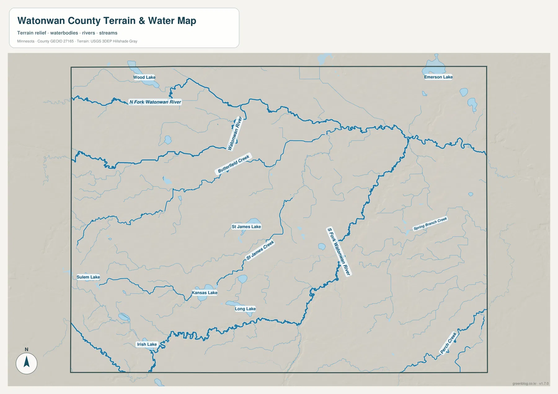 Watonwan County water map showing North Fork Watonwan River, the main Watonwan River, South Fork, tributaries, and lakes