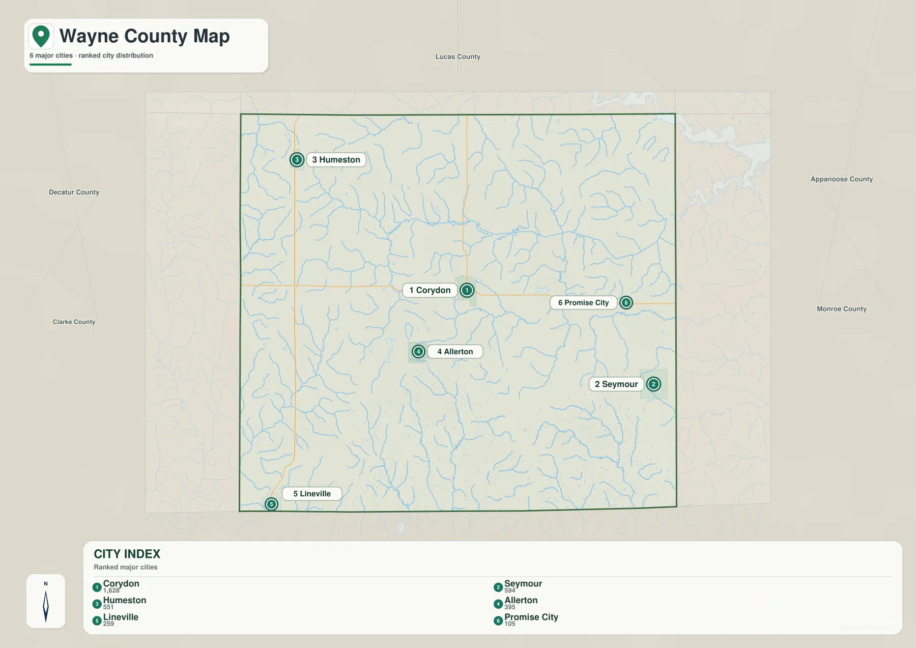 Wayne County city map showing Corydon, Seymour, Humeston, Allerton, Lineville, and Promise City