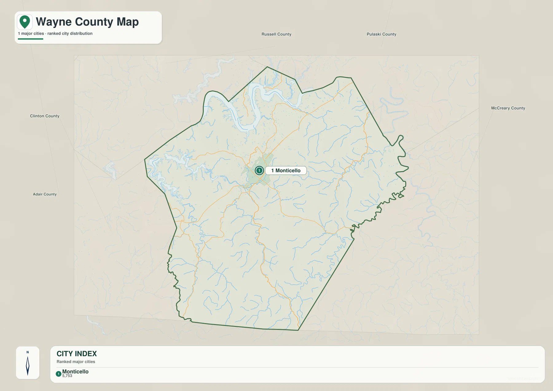Wayne County city map highlighting Monticello with nearby Russell, Pulaski, McCreary, Clinton, and Adair counties