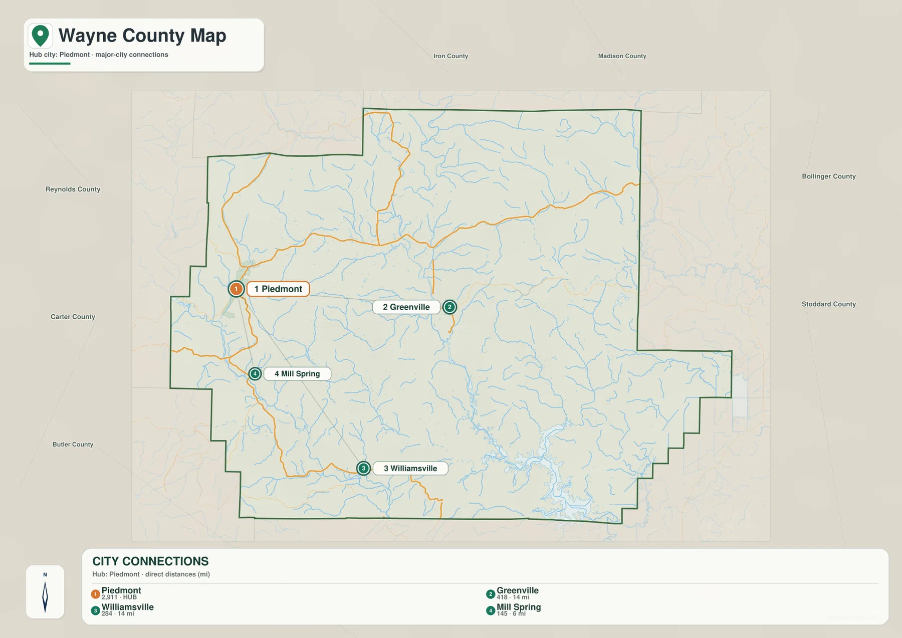 Piedmont를 기준으로 Greenville, Williamsville, Mill Spring의 직선거리와 위치를 표시한 Wayne County 도시 지도