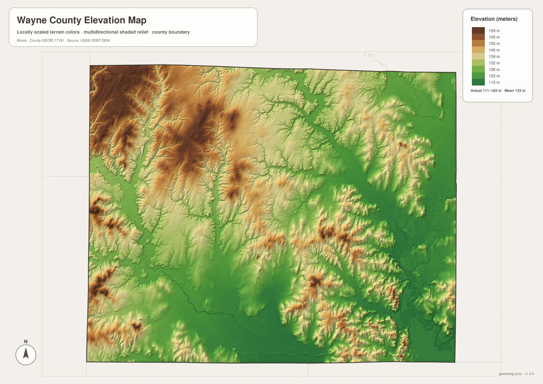 Wayne County Illinois elevation map showing 111 to 183 meter relief, western ridges, central lows, and southeast hills