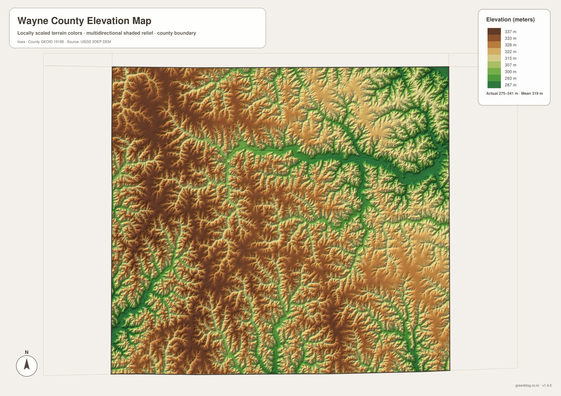 Wayne County Iowa elevation map showing about 275 to 341 meters, western uplands, and the South Fork Chariton River valley