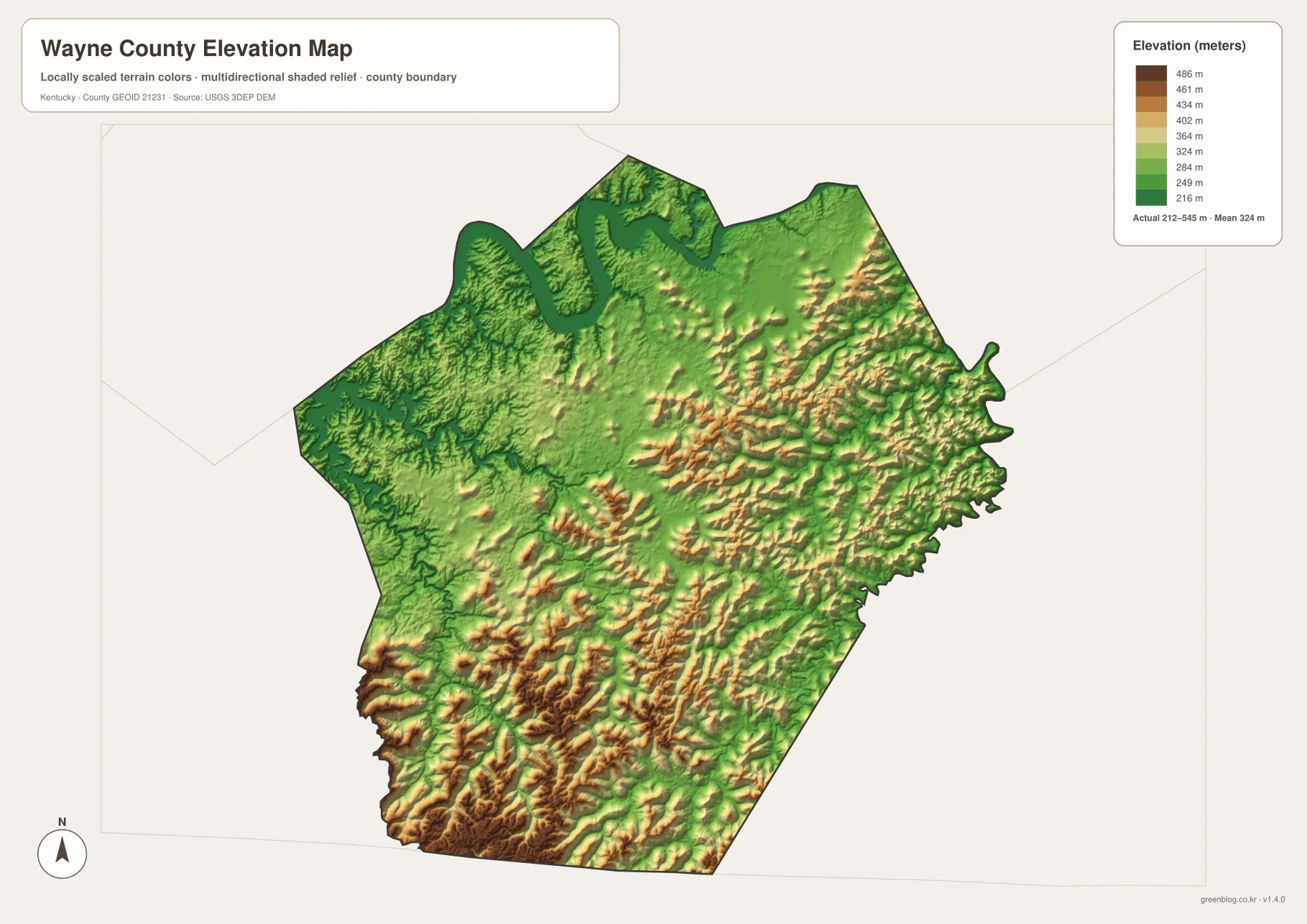 Wayne County elevation map showing an actual range of about 212 to 545 meters and a mean near 324 meters