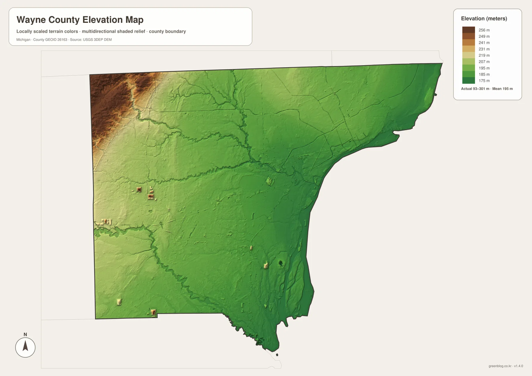 Wayne County elevation map showing the 93–301 meter actual range, higher northwestern terrain, and lower Detroit River and Lake Erie side
