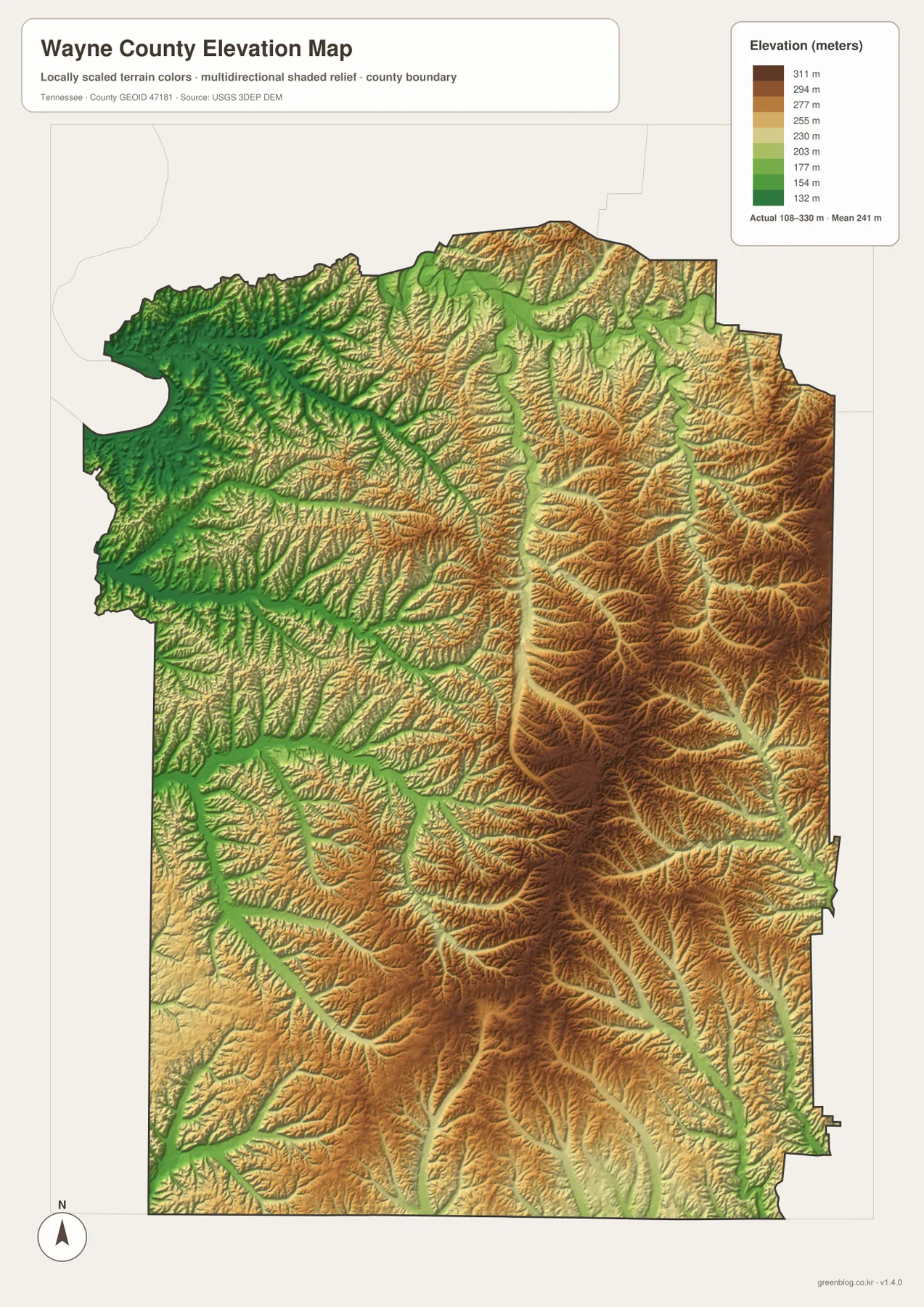 Wayne County Tennessee elevation map showing low Tennessee River terrain and higher interior hills from about 108 to 330 meters