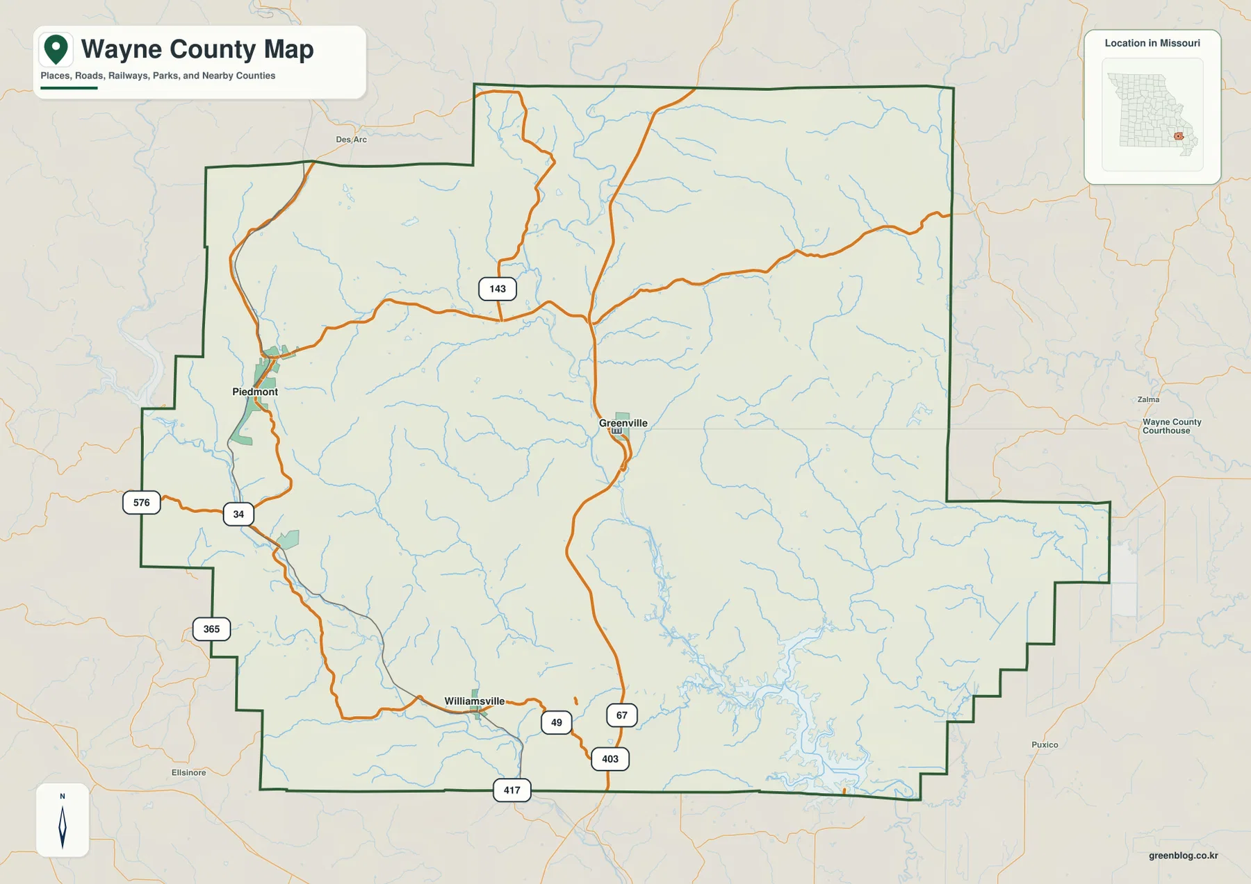 Piedmont, Greenville, Williamsville와 U.S. 67, Route 34, Route 143, Route 49를 표시한 미주리주 Wayne County 지도