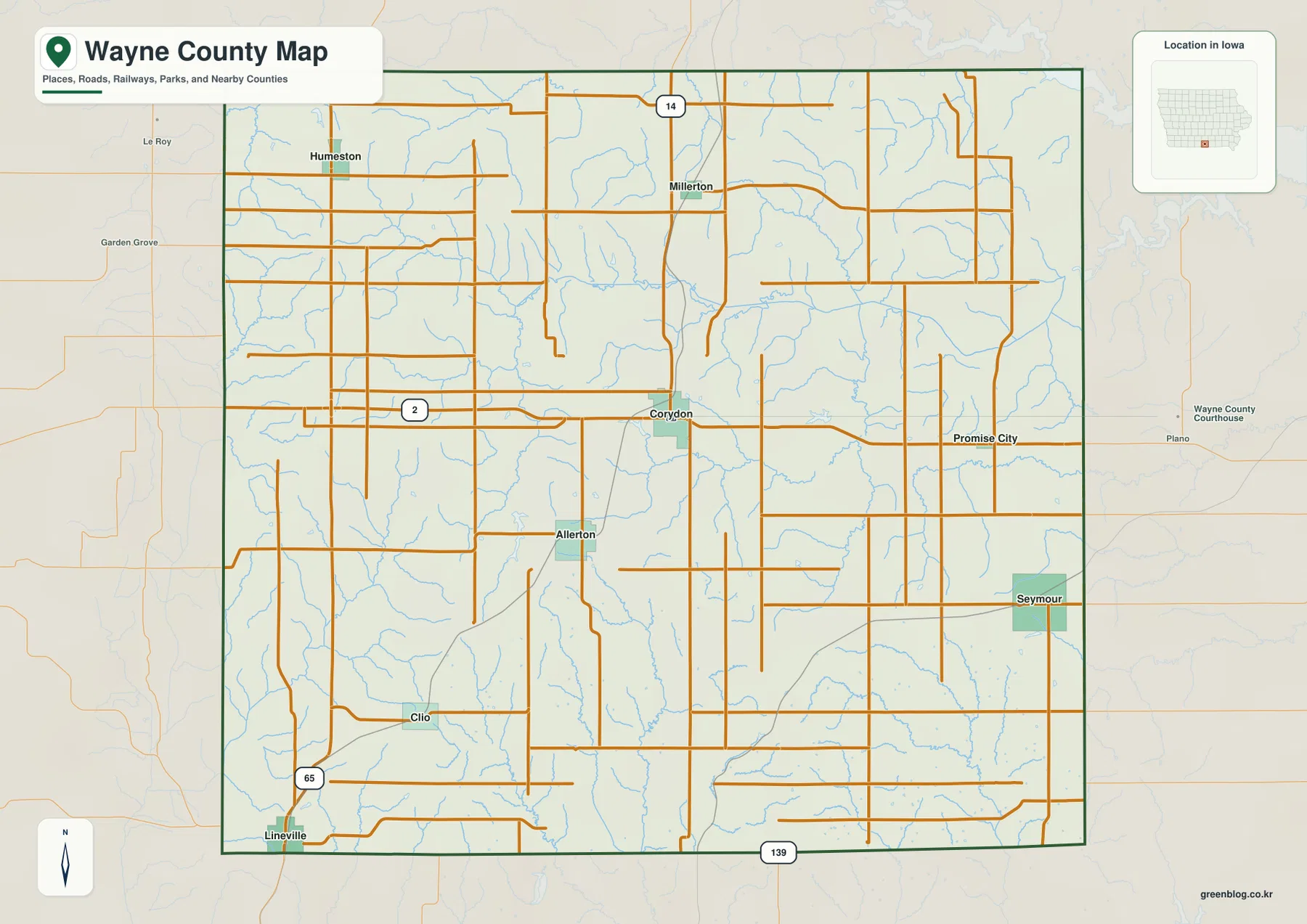 Wayne County Iowa map showing Corydon, Humeston, Seymour, Lineville, major roads, and county boundaries