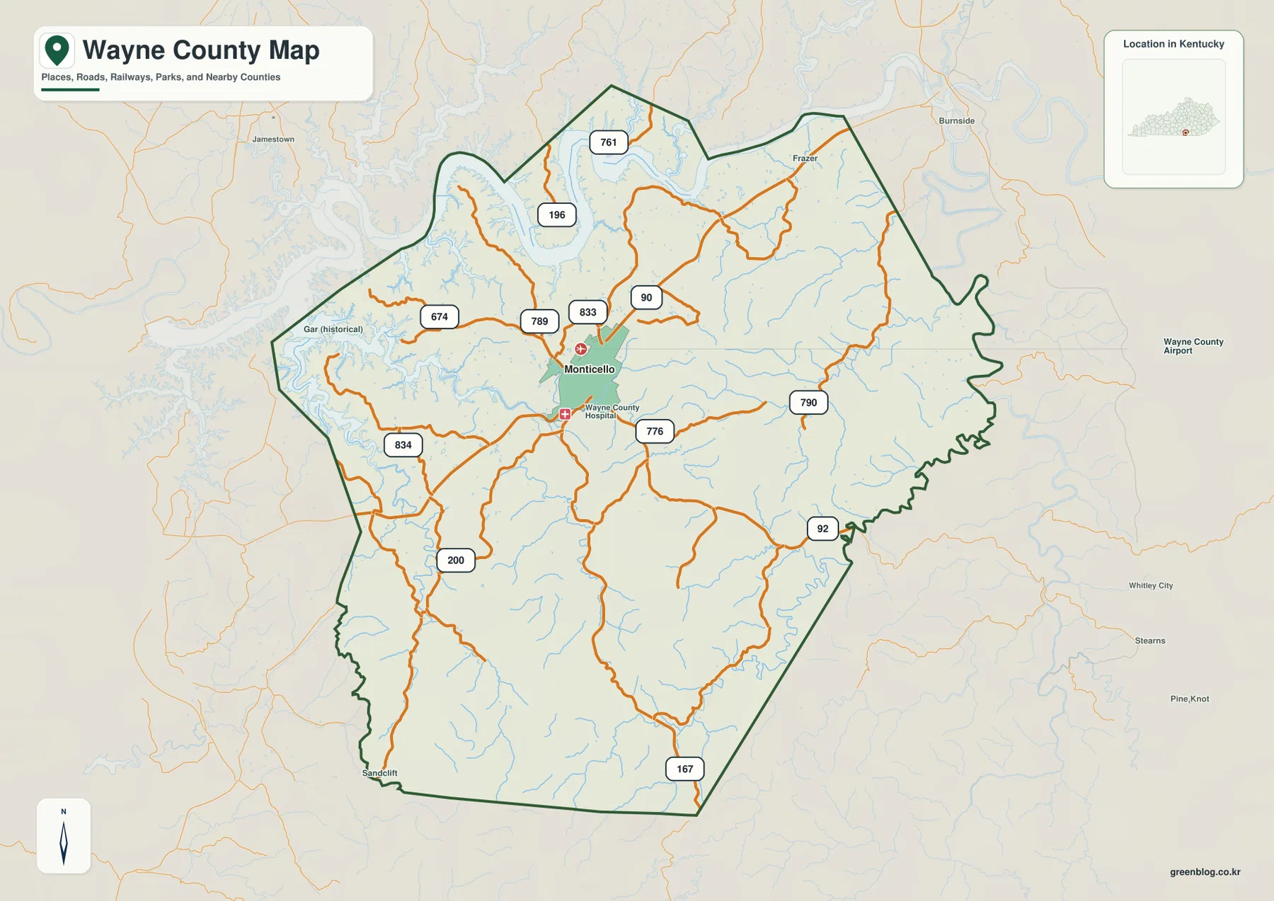 Wayne County Kentucky road map showing Monticello and KY 90, 92, 167, 200, 674, 761, 776, 789, 790, 833, and 834