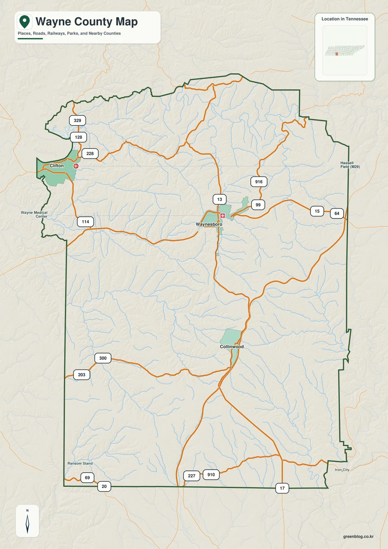 Wayne County Tennessee map showing Waynesboro, Clifton, Collinwood, the Tennessee River edge, and major roads