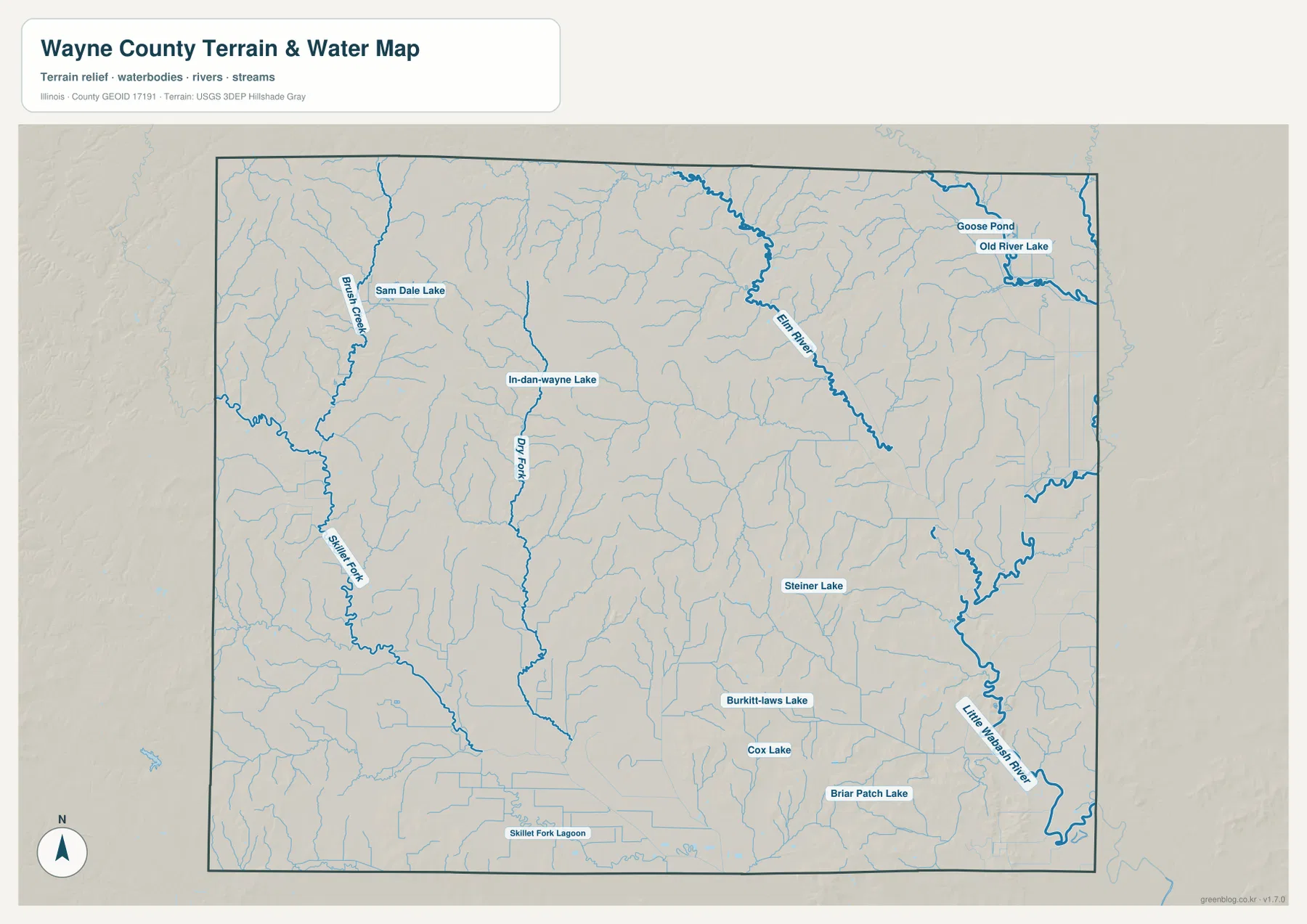 Wayne County terrain and water map showing Sam Dale Lake, Elm River, Little Wabash River, lakes, and tributaries