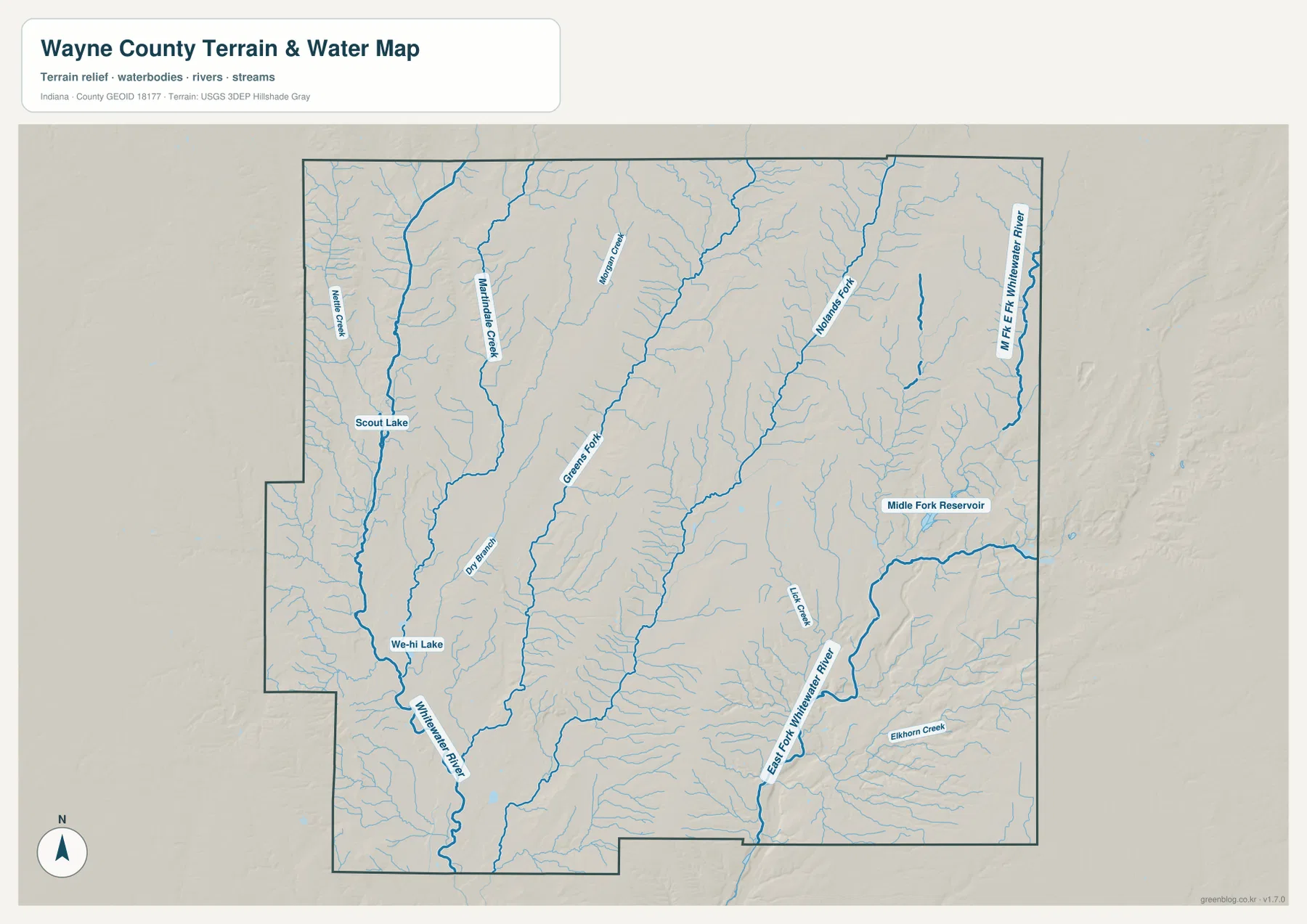 Wayne County 수역 지도에 Whitewater River, Greens Fork, East Fork Whitewater River, Nolands Fork, Middle Fork Reservoir, Elkhorn Creek와 여러 지류가 표시된 모습