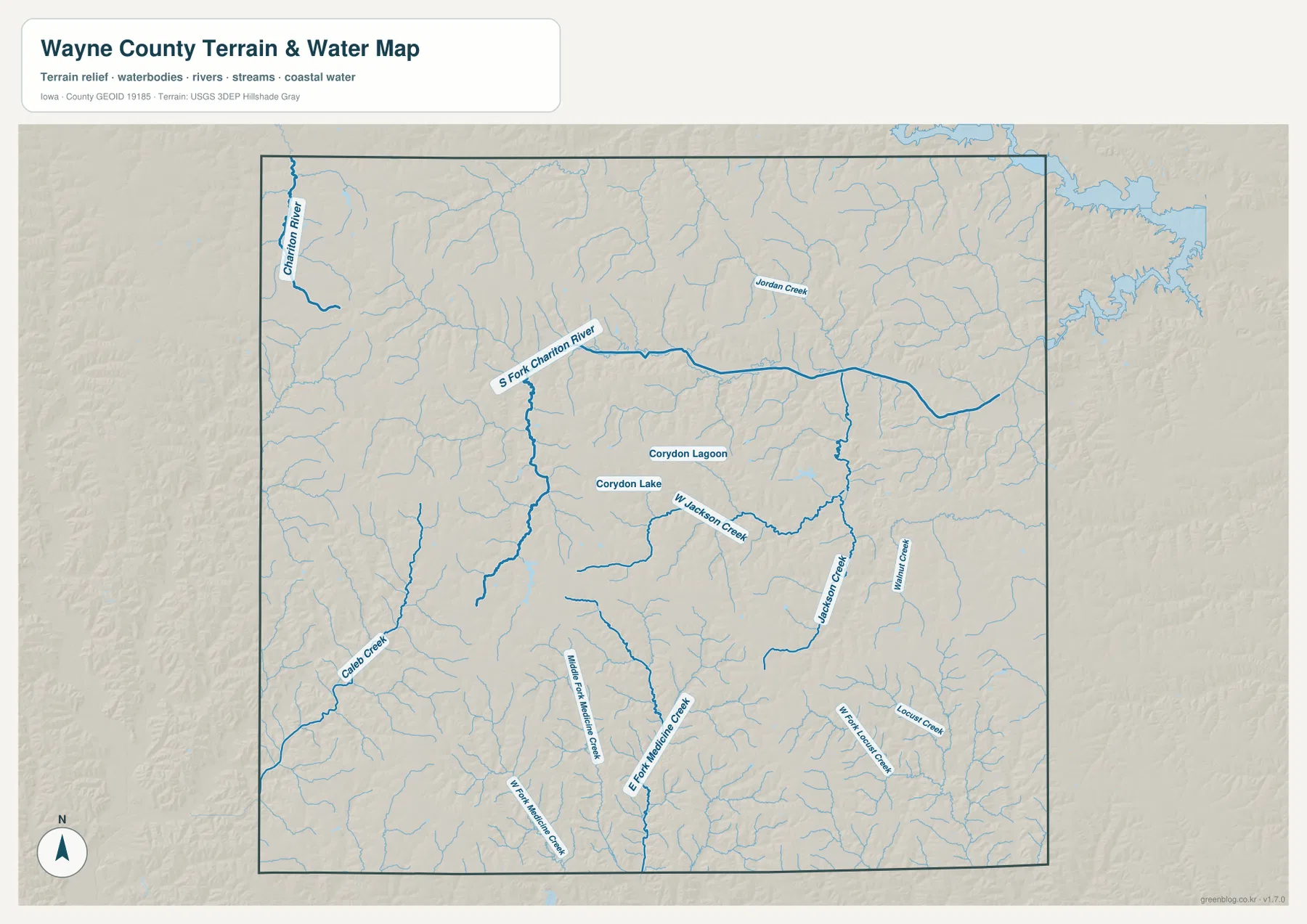 Wayne County Iowa water map showing South Fork Chariton River, Corydon Lake, Corydon Lagoon, Jackson Creek, and Medicine Creek branches